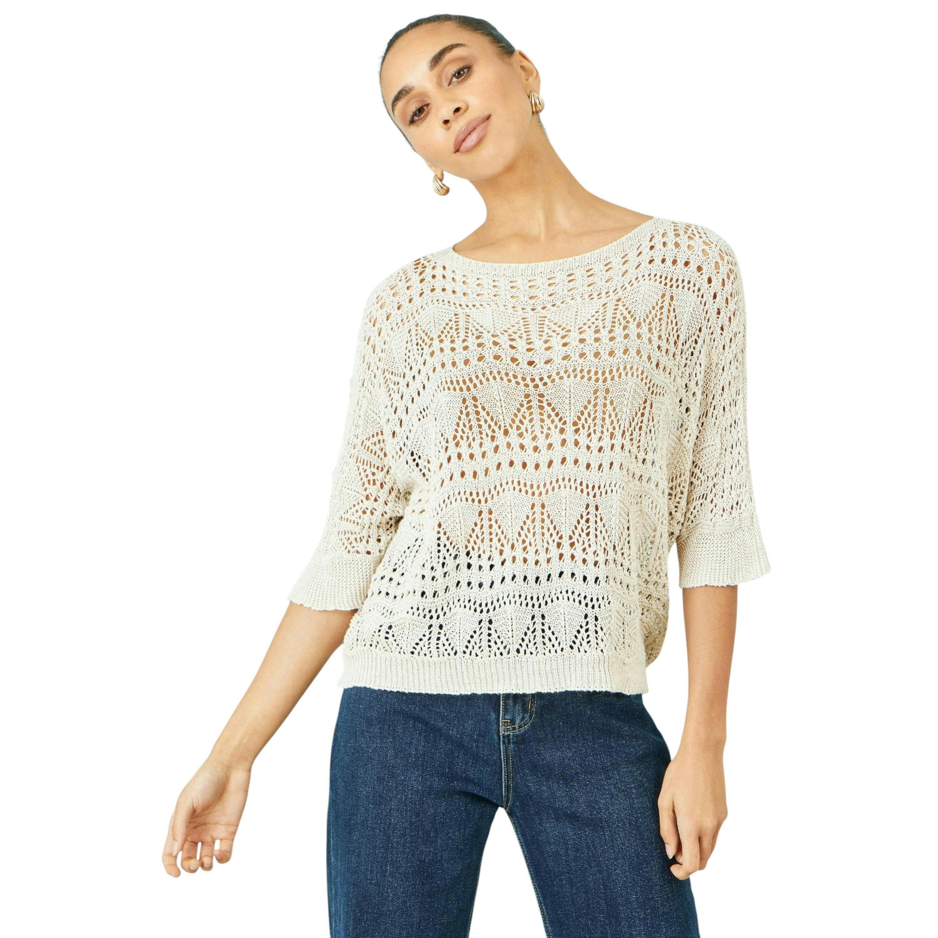 Yumi Beige Cotton Mix Relaxed Fit Pointelle Jumper , view 1 of 6
