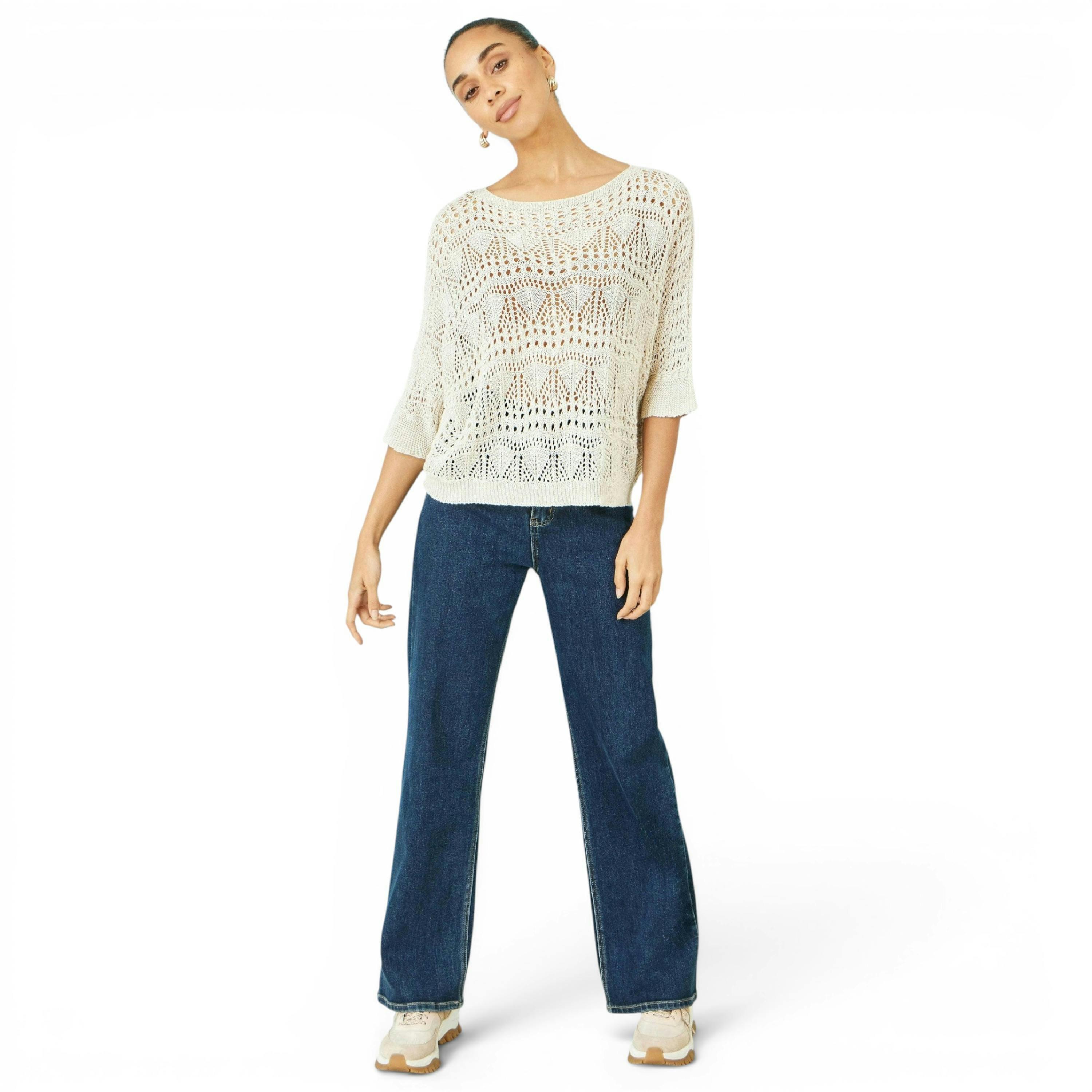Yumi Beige Cotton Mix Relaxed Fit Pointelle Jumper , view 3 of 6