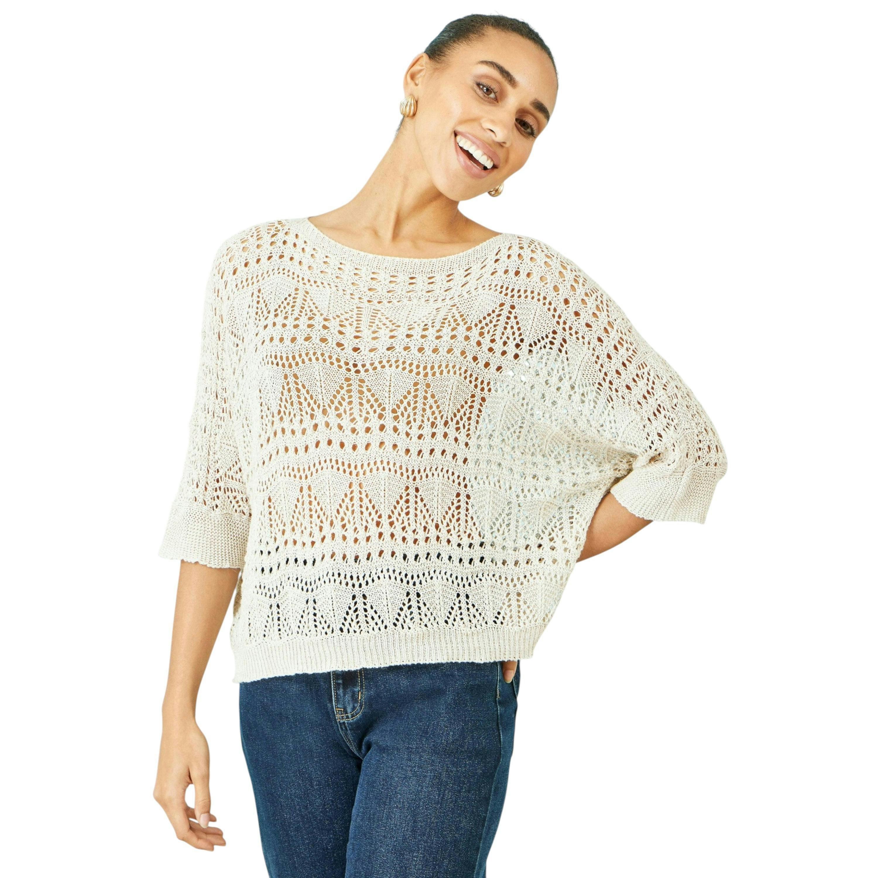 Yumi Beige Cotton Mix Relaxed Fit Pointelle Jumper , view 4 of 6