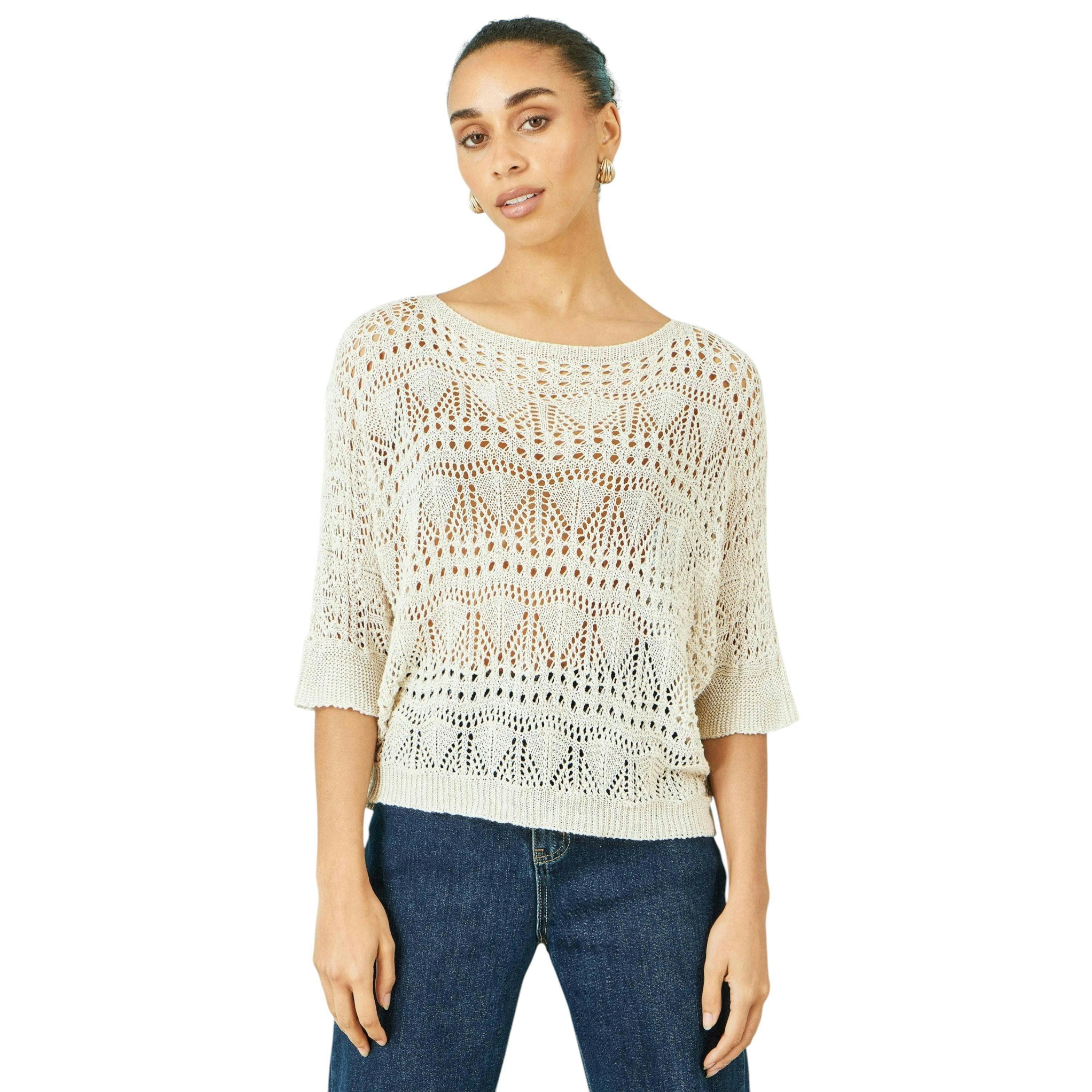 Yumi Beige Cotton Mix Relaxed Fit Pointelle Jumper , view 6 of 6