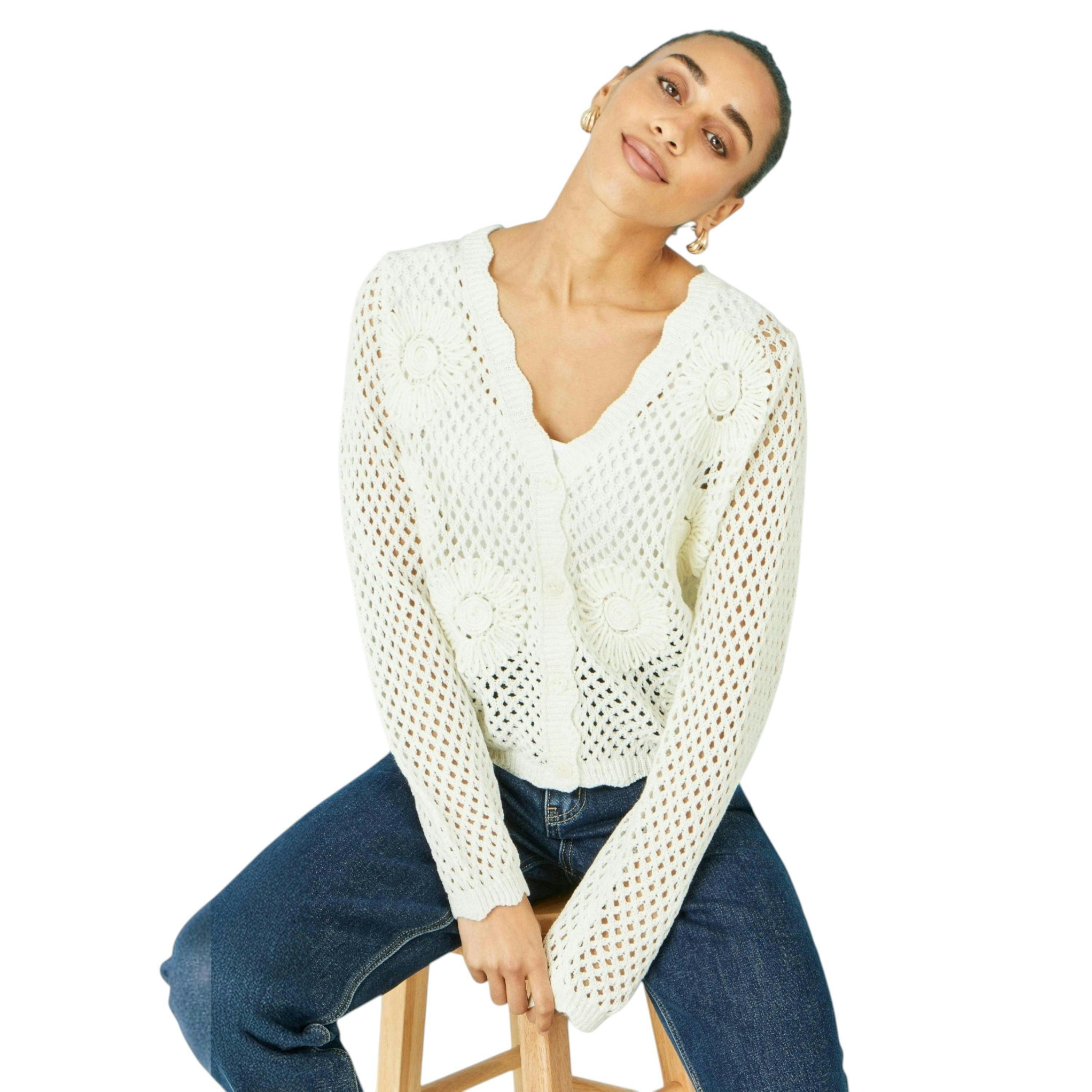 Yumi White Flower Crochet Cardigan , view 1 of 5