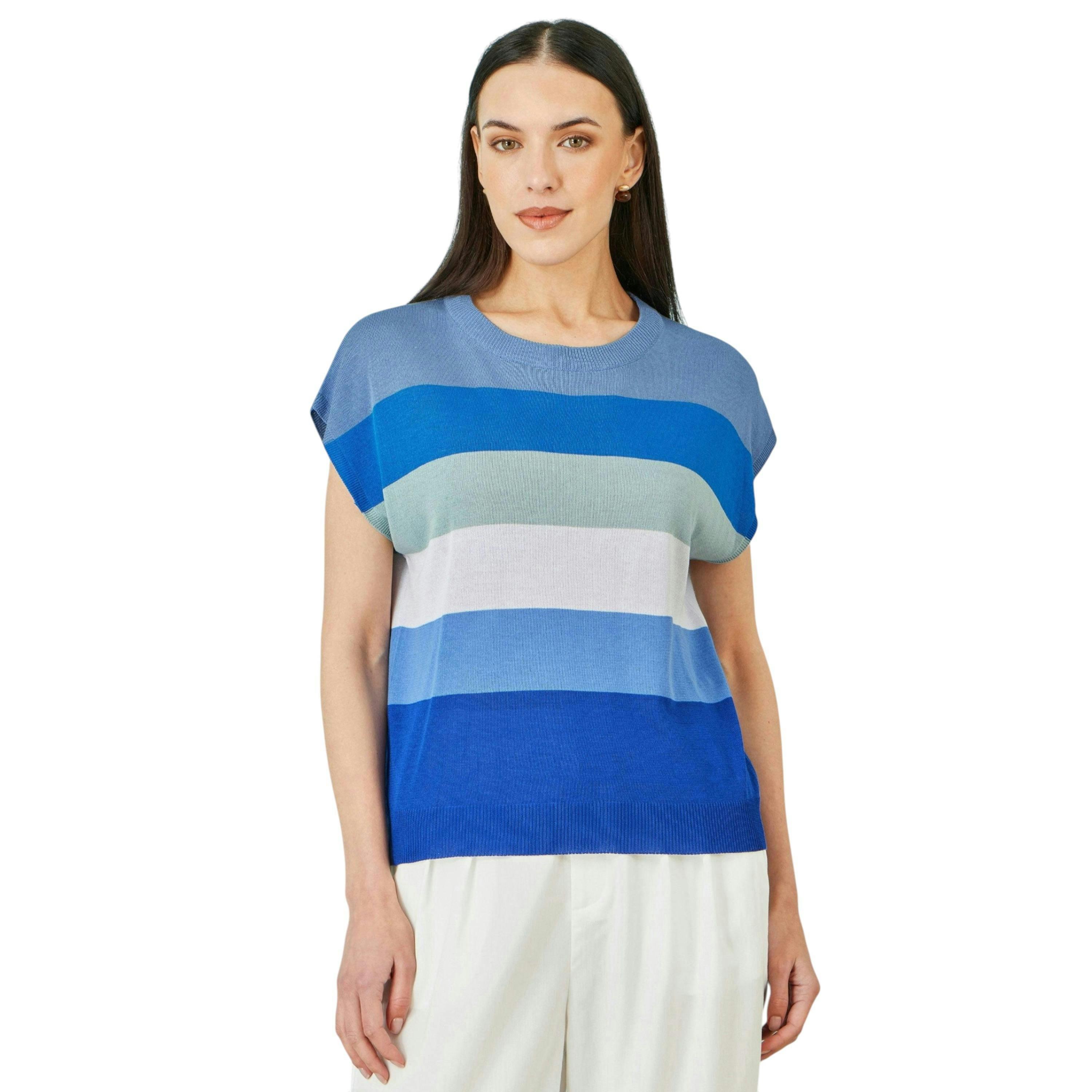 Yumi Blue Block Stripe Relaxed Knitted Top , view 1 of 5