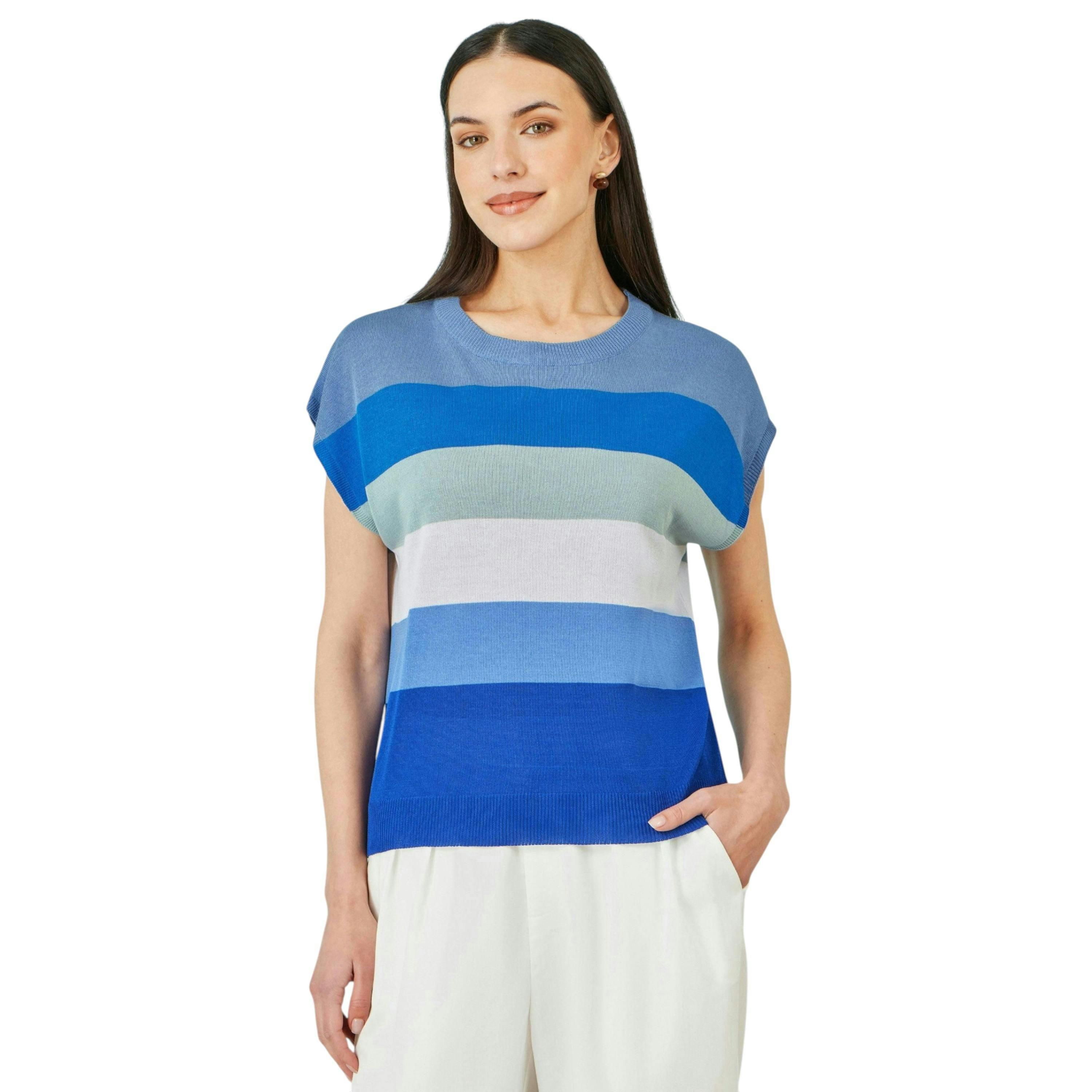 Yumi Blue Block Stripe Relaxed Knitted Top , view 2 of 5