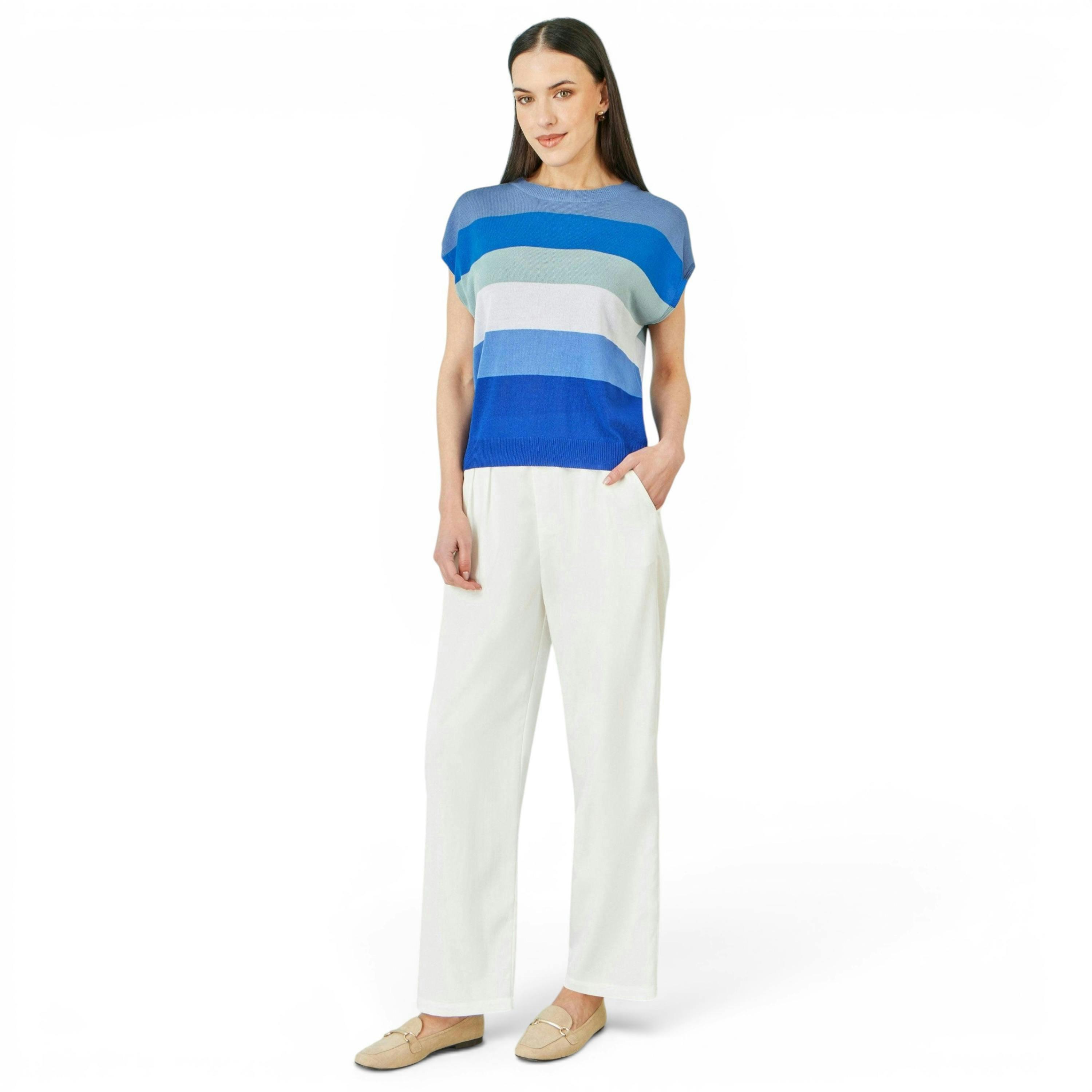 Yumi Blue Block Stripe Relaxed Knitted Top , view 3 of 5