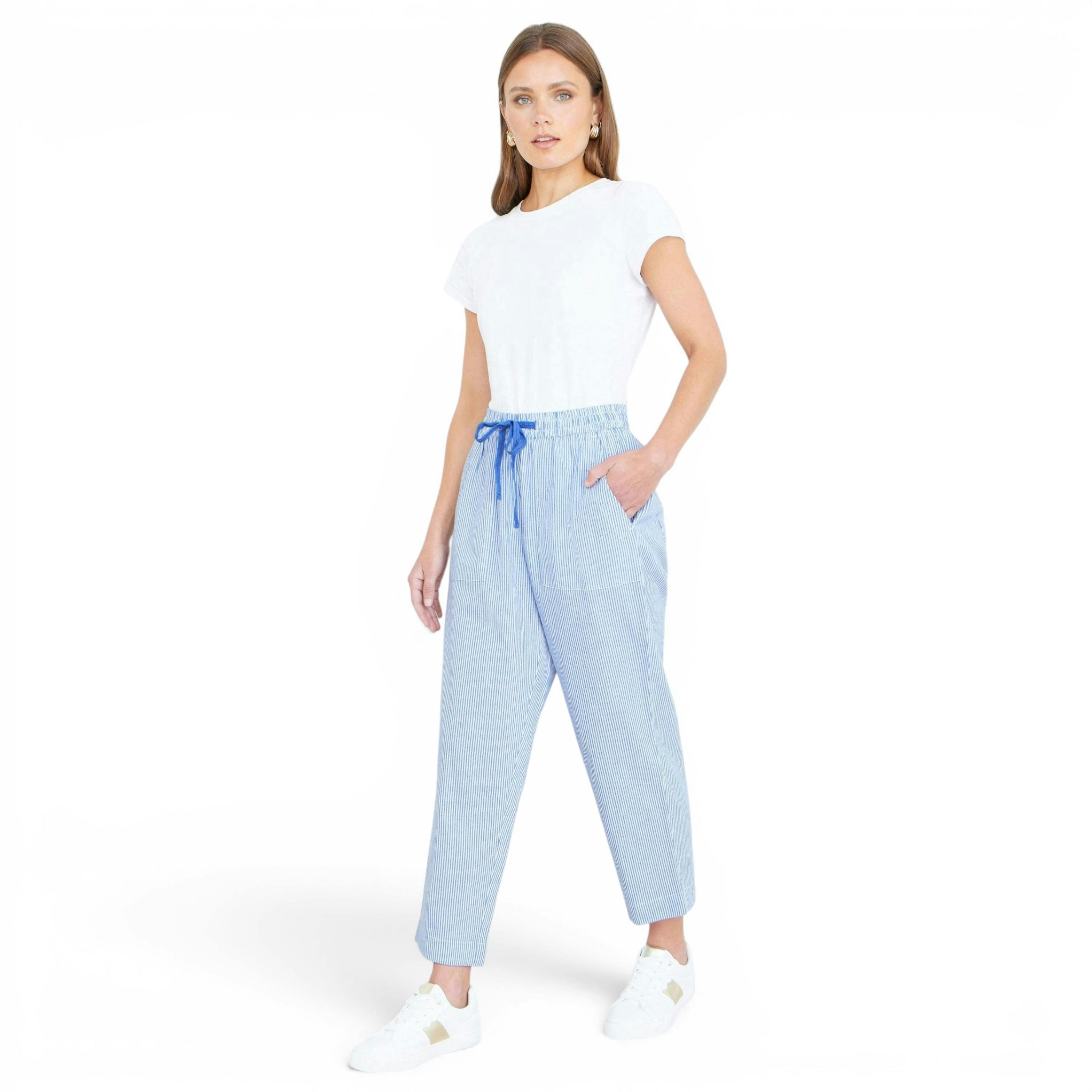 Yumi Blue Cotton Stripe Cropped Trousers , view 1 of 5