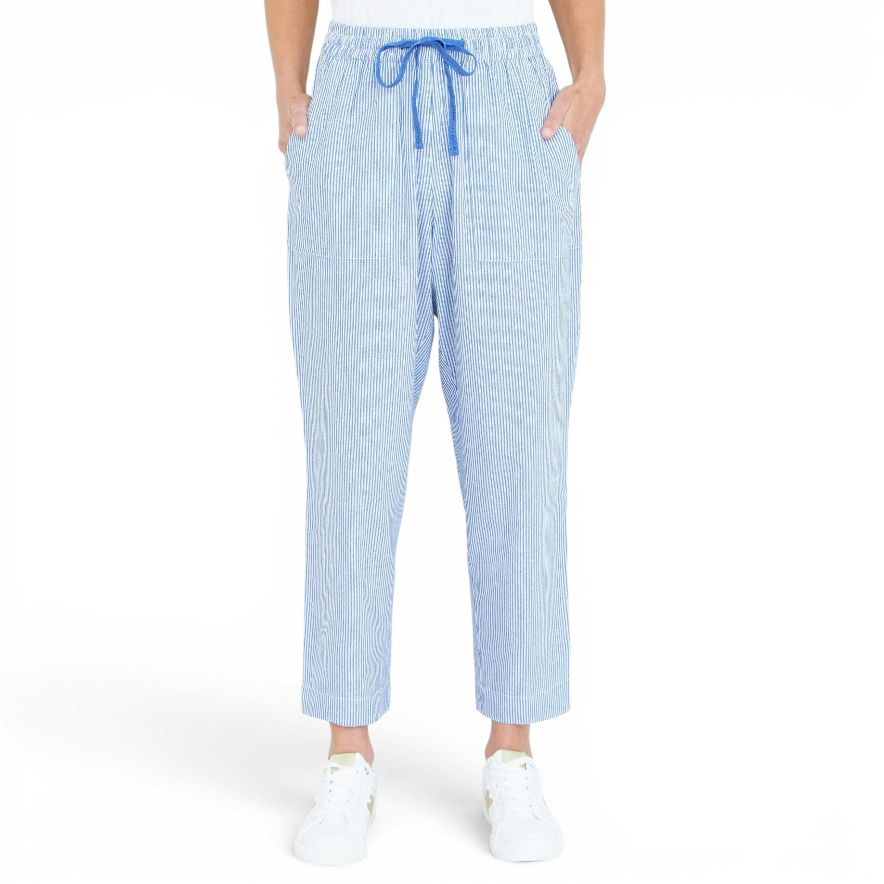 Yumi Blue Cotton Stripe Cropped Trousers , view 2 of 5