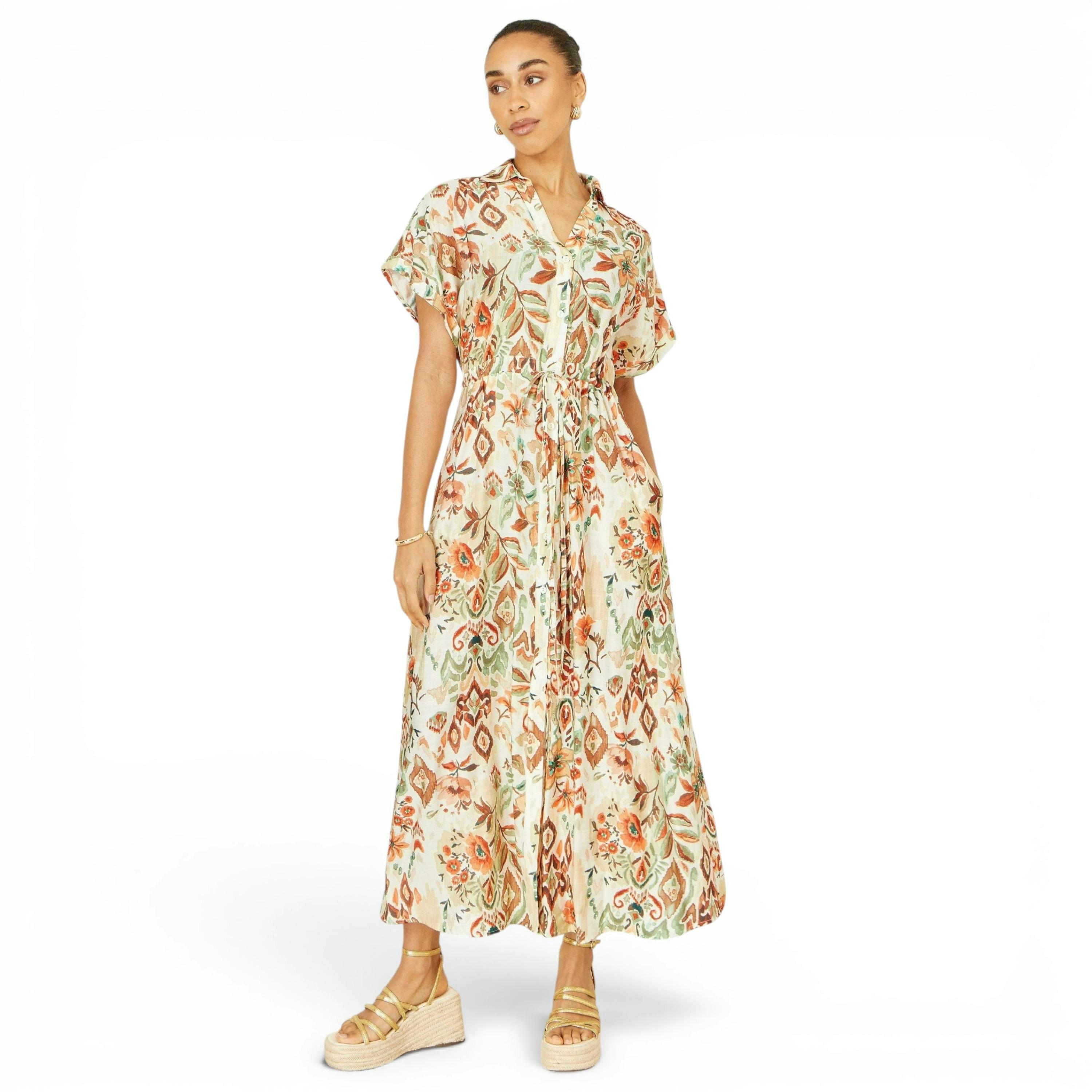 Yumi Ivory Viscose Relaxed Boho Print Maxi Shirt Dress , view 1 of 6