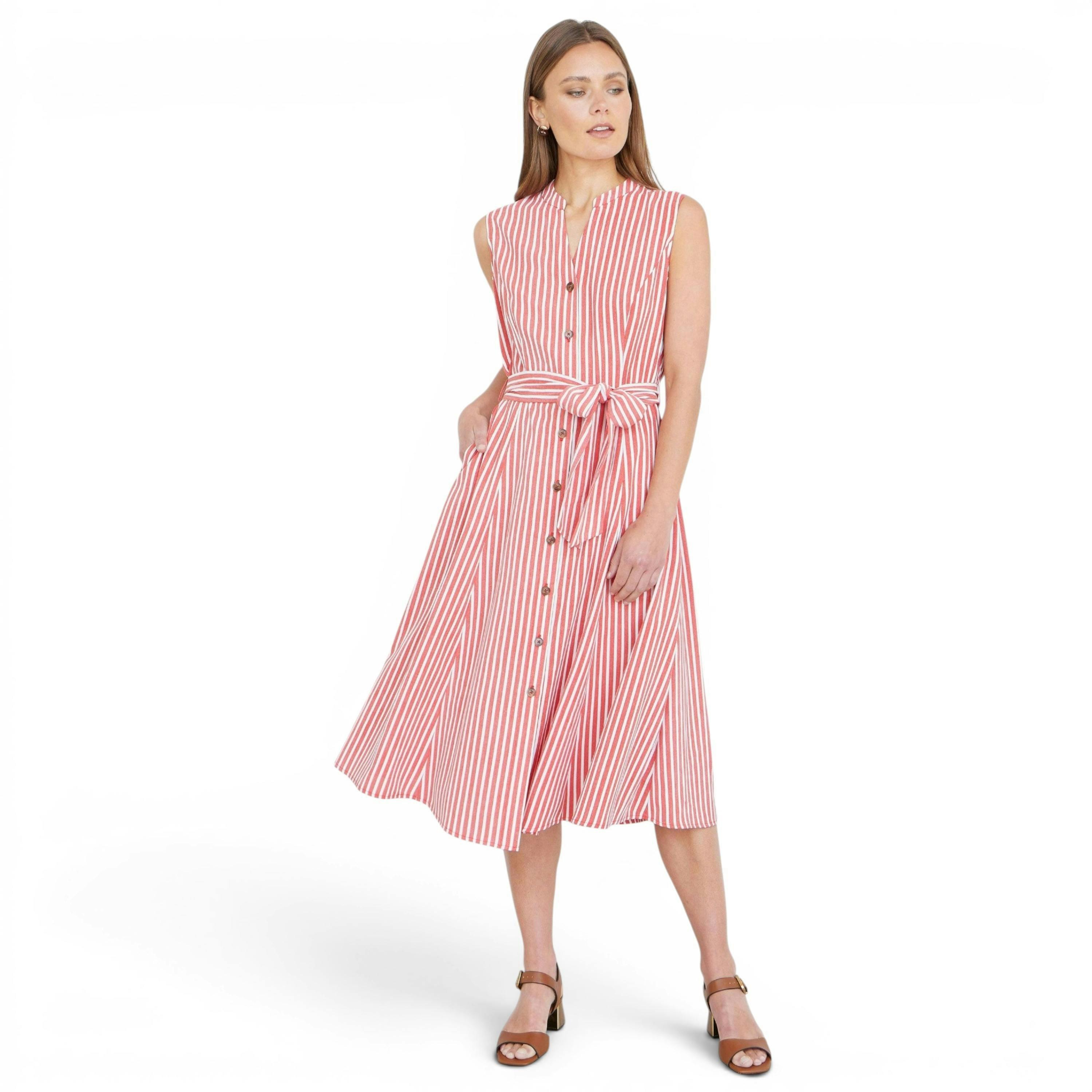 Yumi Red Stripe Midi Sleeveless Shirt Dress , view 1 of 6