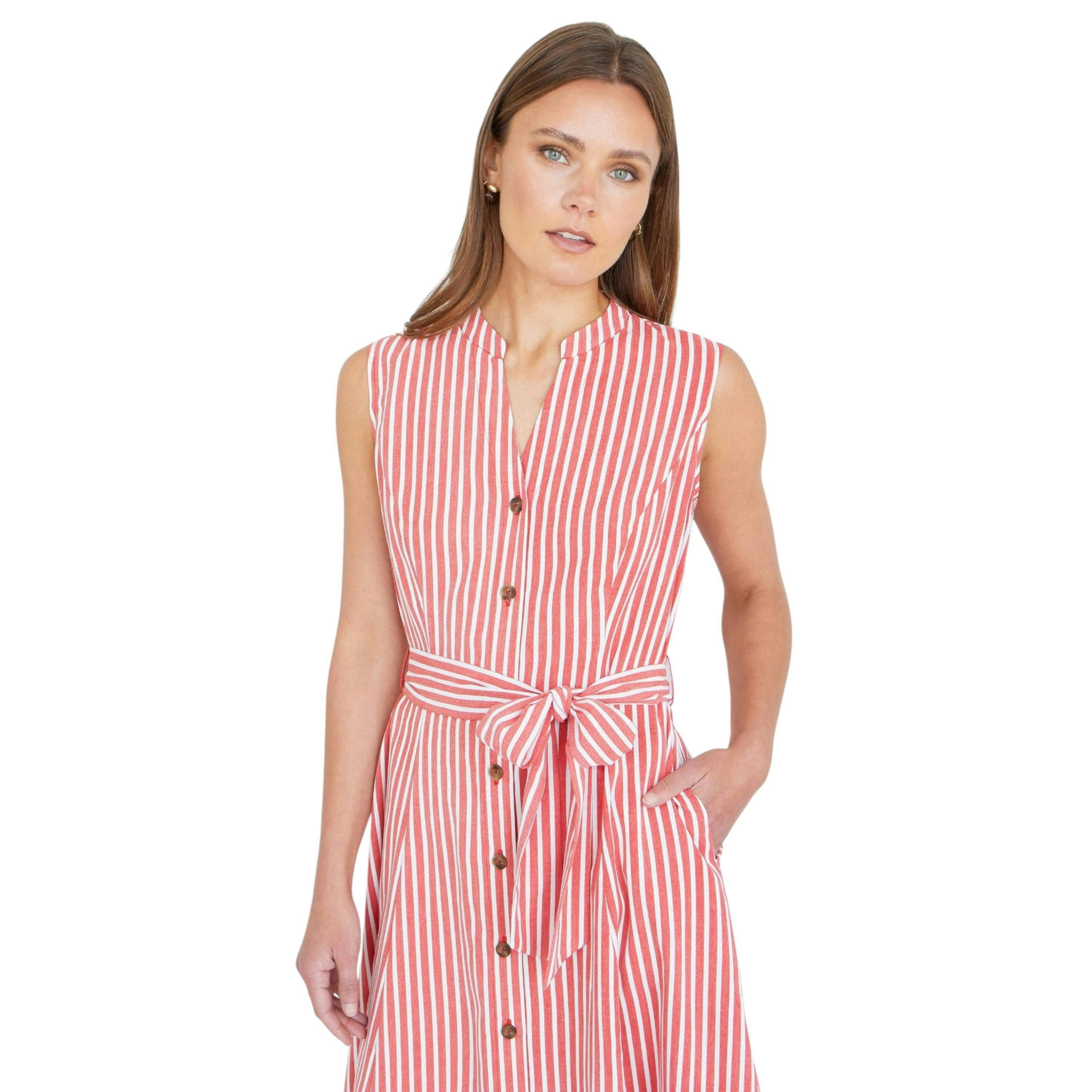 Yumi Red Stripe Midi Sleeveless Shirt Dress , view 2 of 6