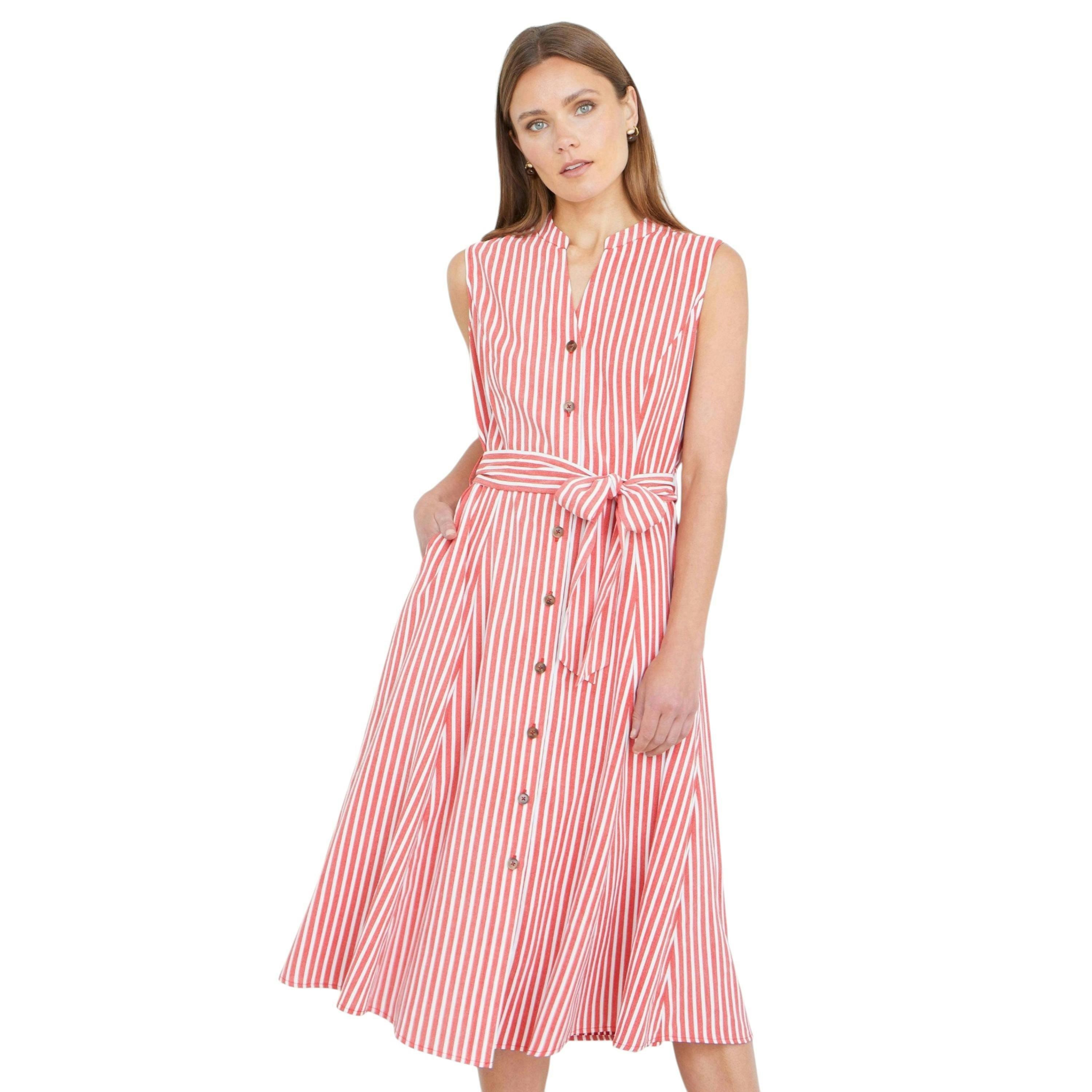 Yumi Red Stripe Midi Sleeveless Shirt Dress , view 3 of 6