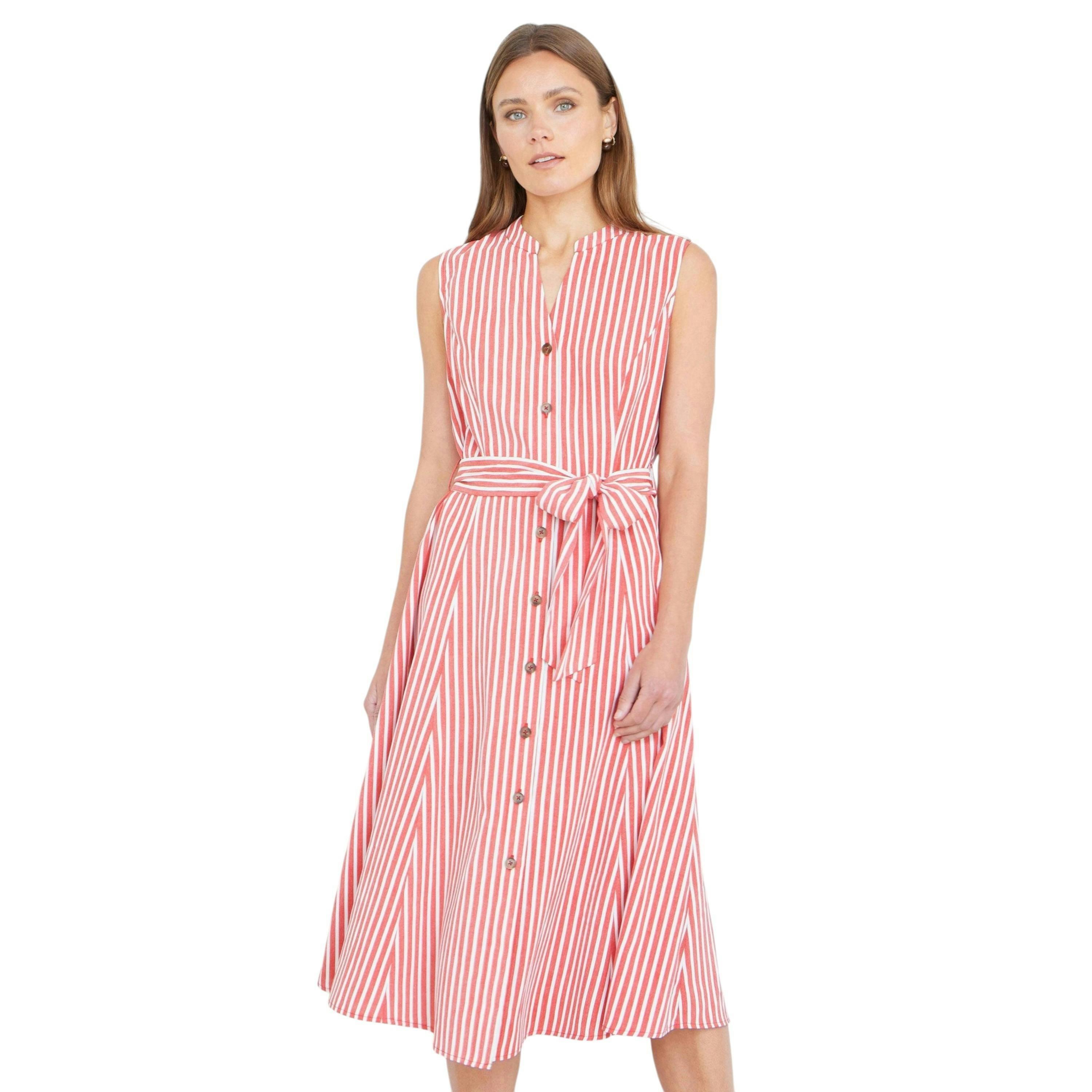 Yumi Red Stripe Midi Sleeveless Shirt Dress , view 5 of 6