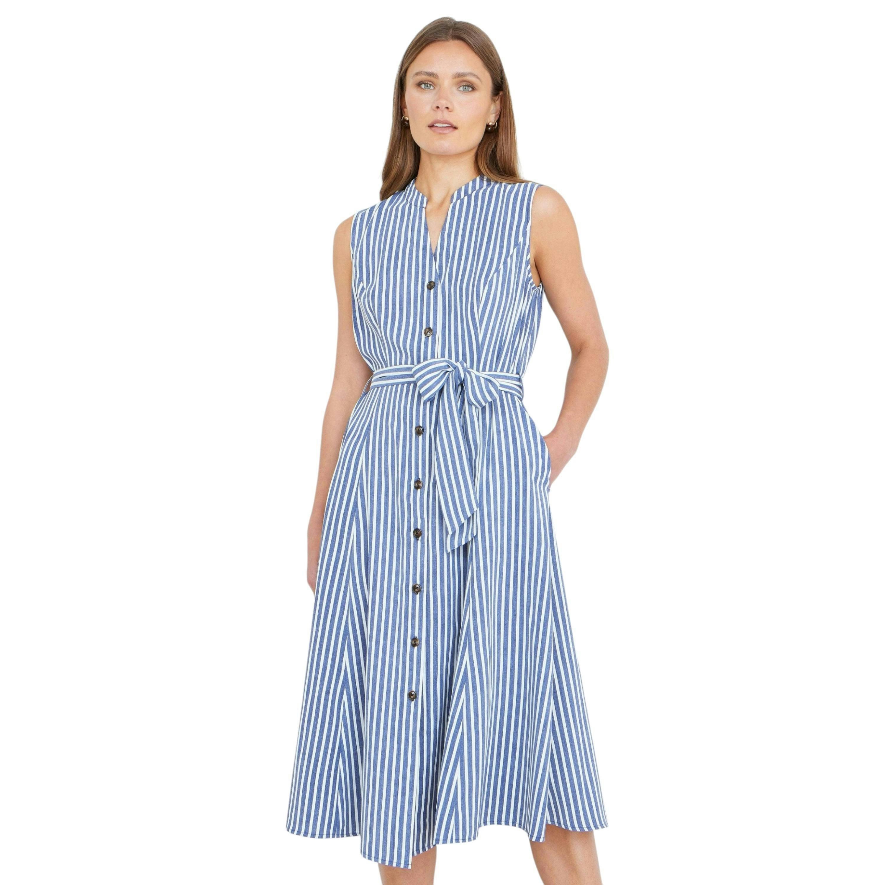 Yumi Navy Stripe Midi Sleeveless Shirt Dress , view 1 of 5