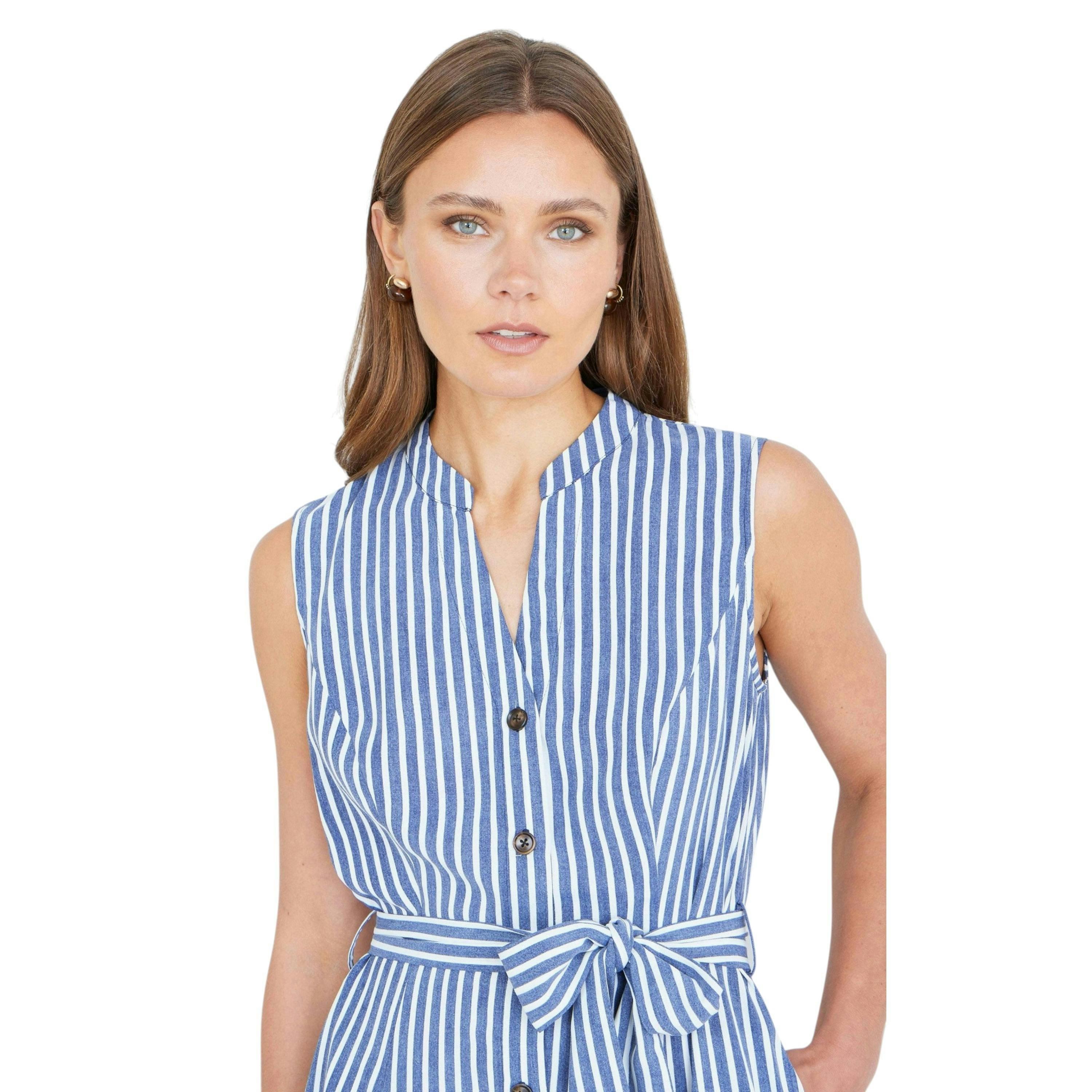 Yumi Navy Stripe Midi Sleeveless Shirt Dress , view 2 of 5