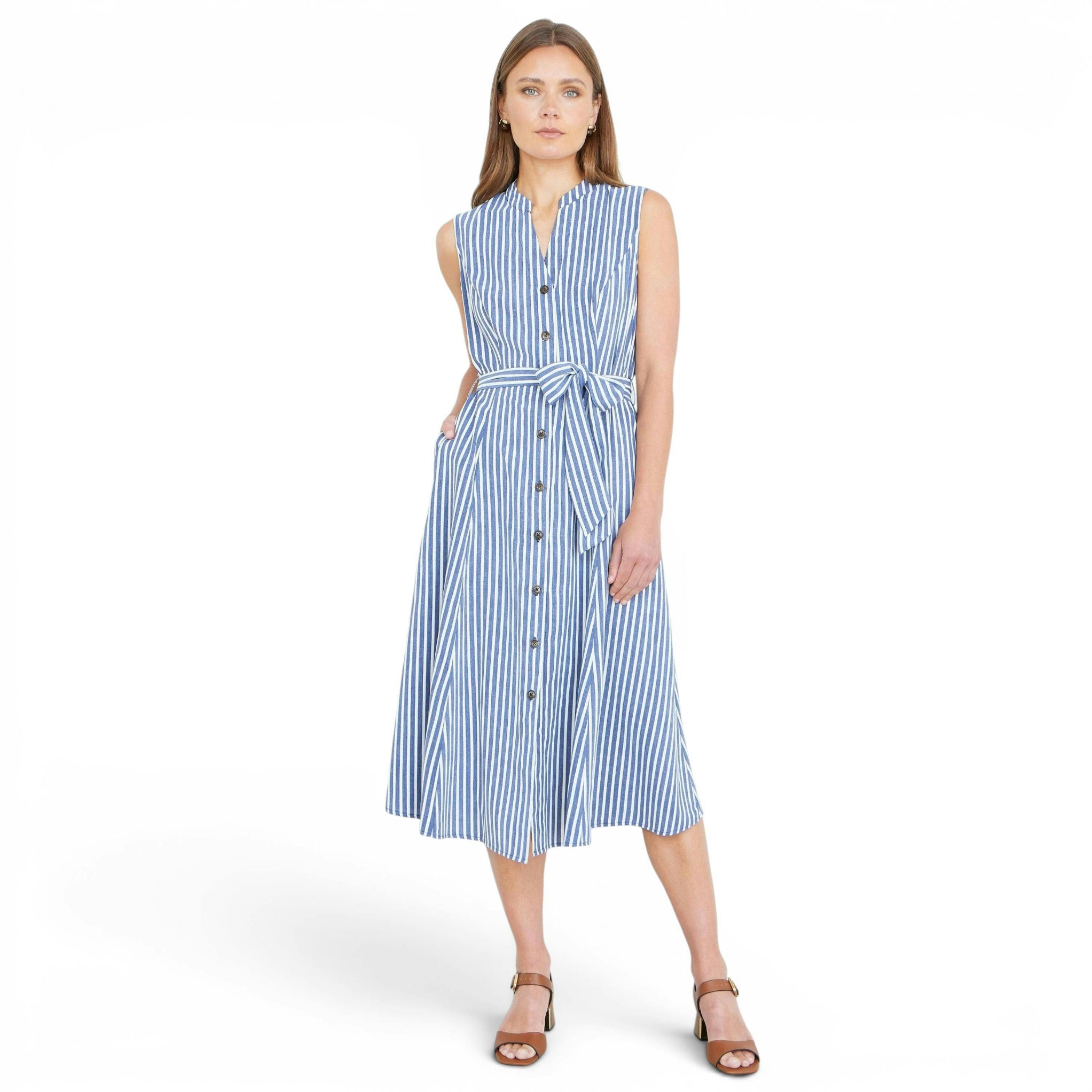 Yumi Navy Stripe Midi Sleeveless Shirt Dress , view 3 of 5