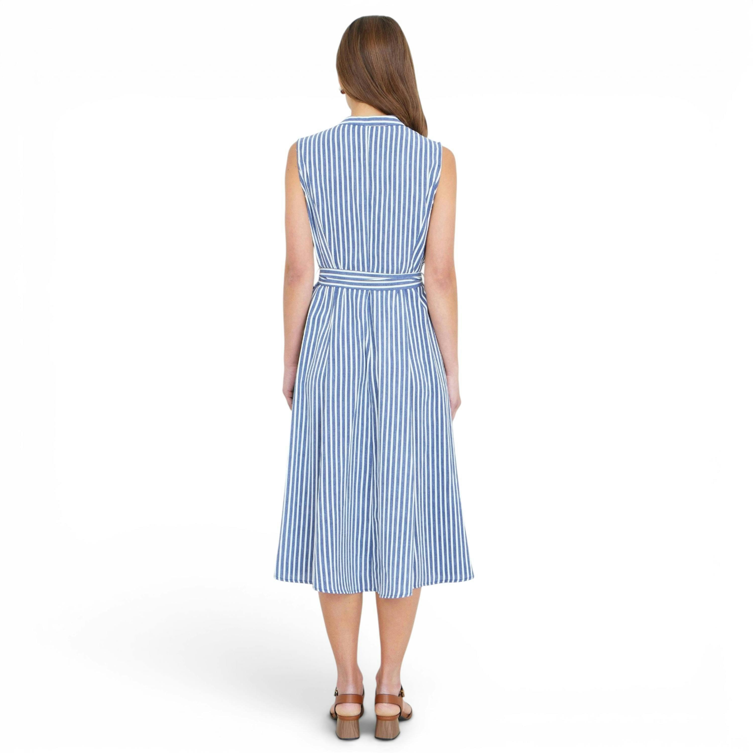 Yumi Navy Stripe Midi Sleeveless Shirt Dress , view 4 of 5