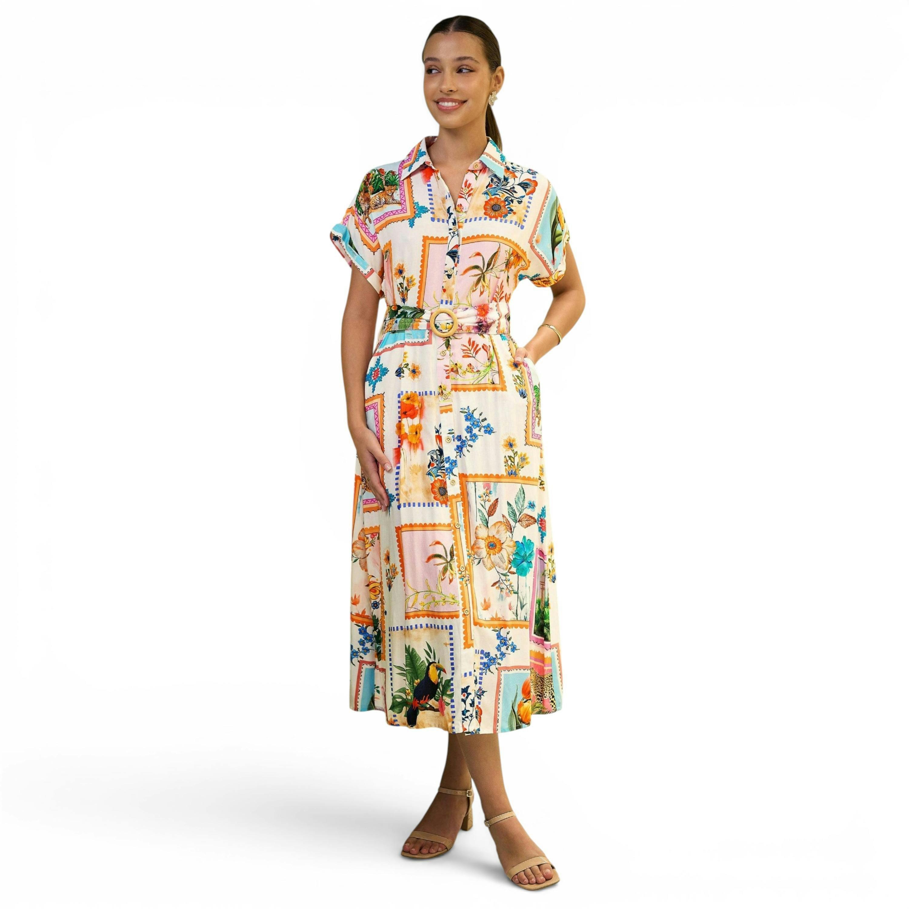 Yumi Ivory Tropical Postcard Print Relaxed Midi Shirt Dress , view 1 of 6