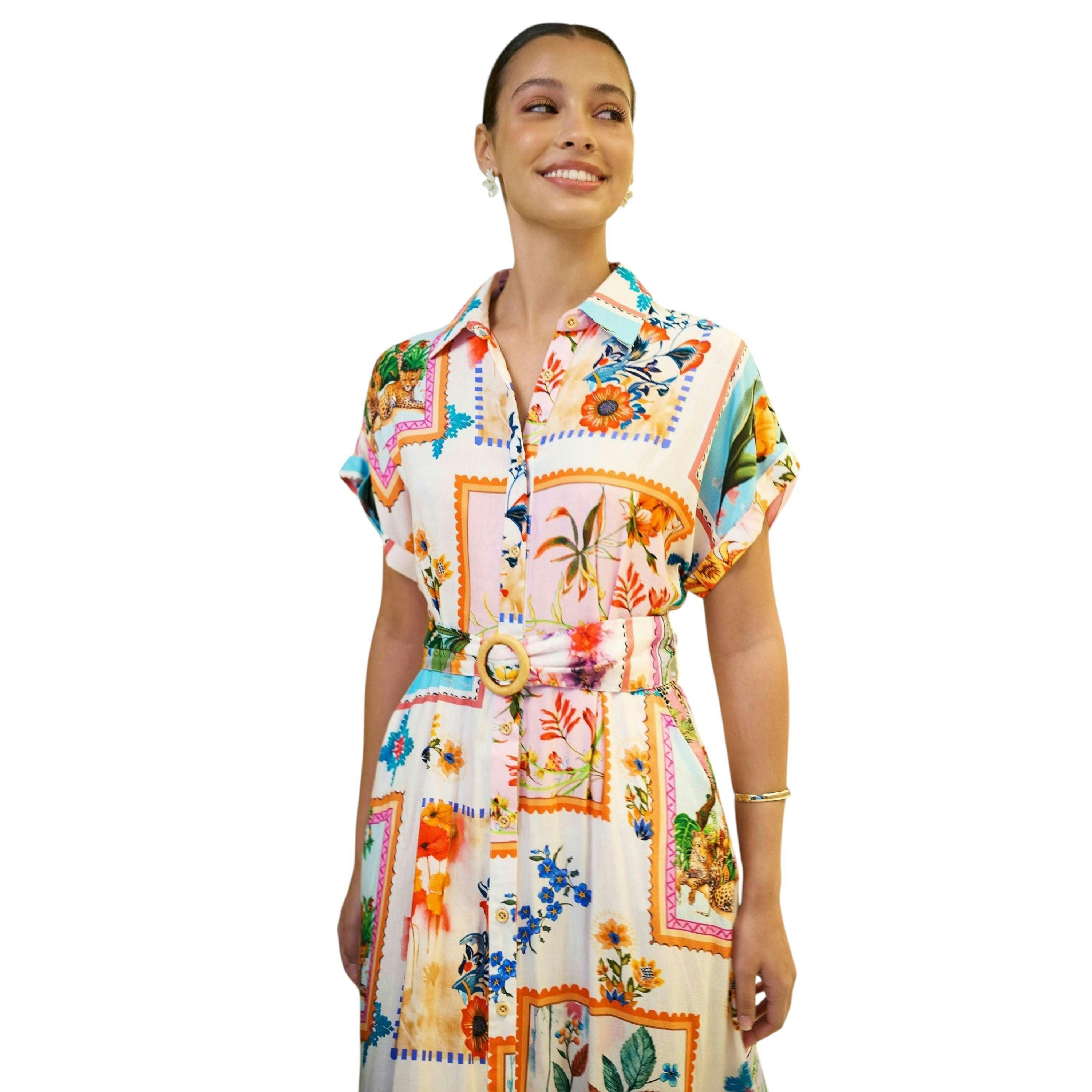 Yumi Ivory Tropical Postcard Print Relaxed Midi Shirt Dress , view 2 of 6