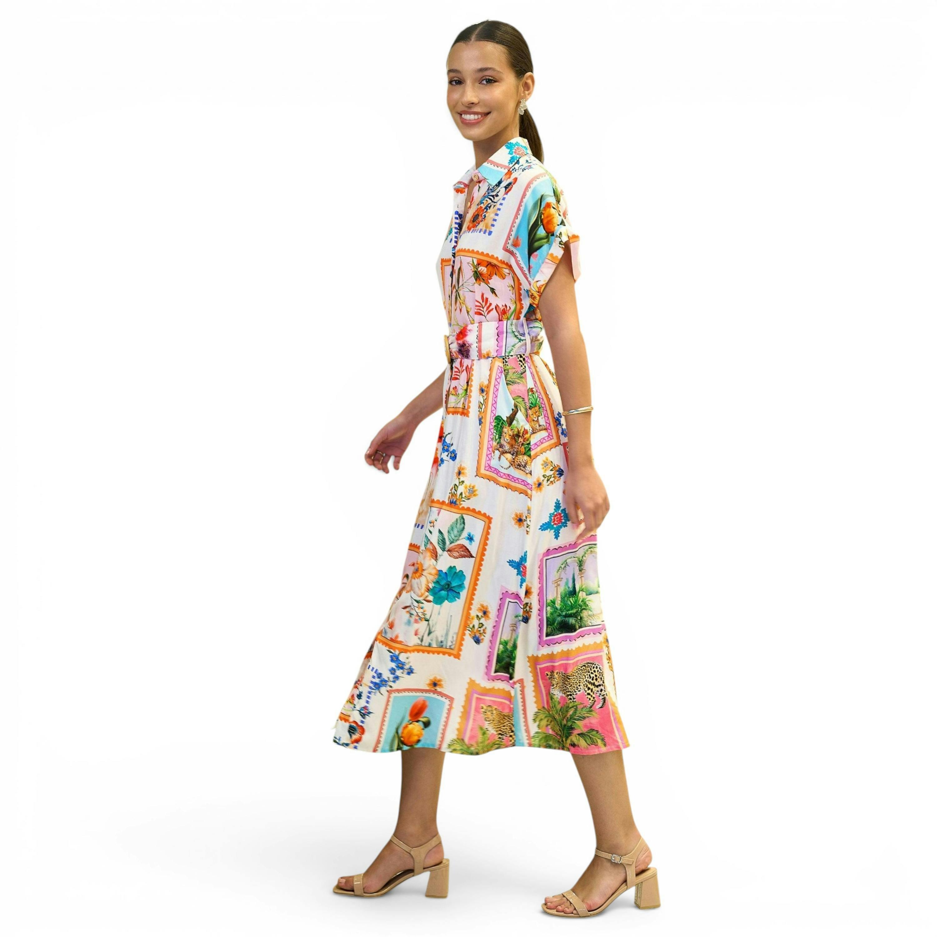 Yumi Ivory Tropical Postcard Print Relaxed Midi Shirt Dress , view 3 of 6