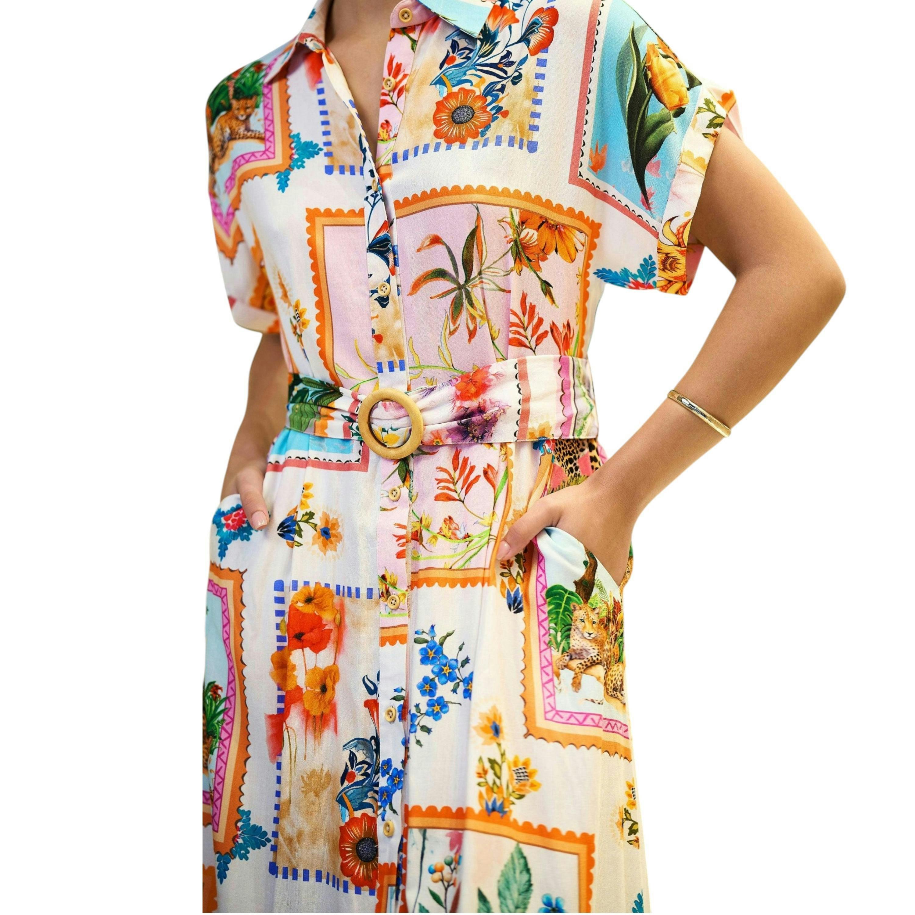 Yumi Ivory Tropical Postcard Print Relaxed Midi Shirt Dress , view 4 of 6