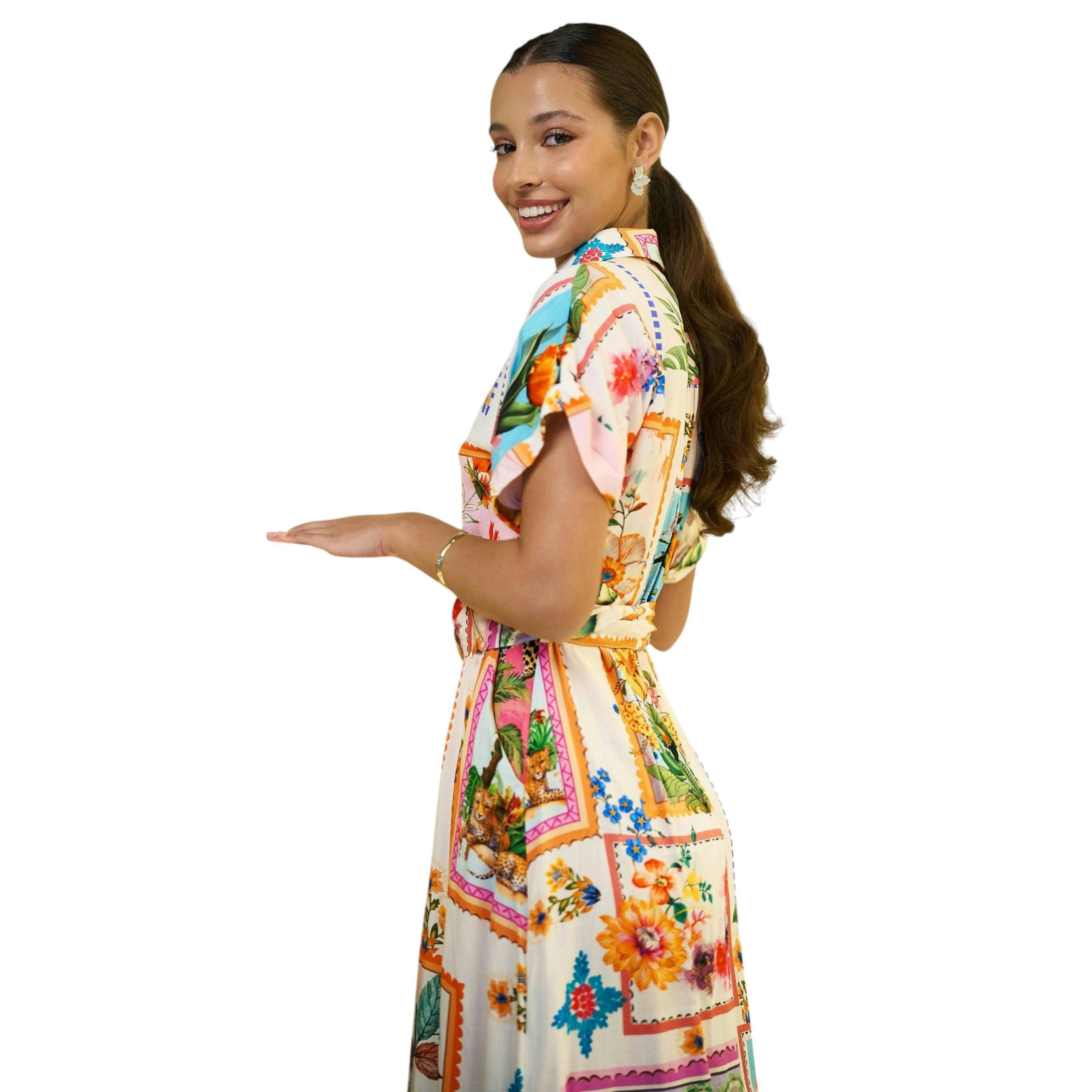 Yumi Ivory Tropical Postcard Print Relaxed Midi Shirt Dress , view 5 of 6