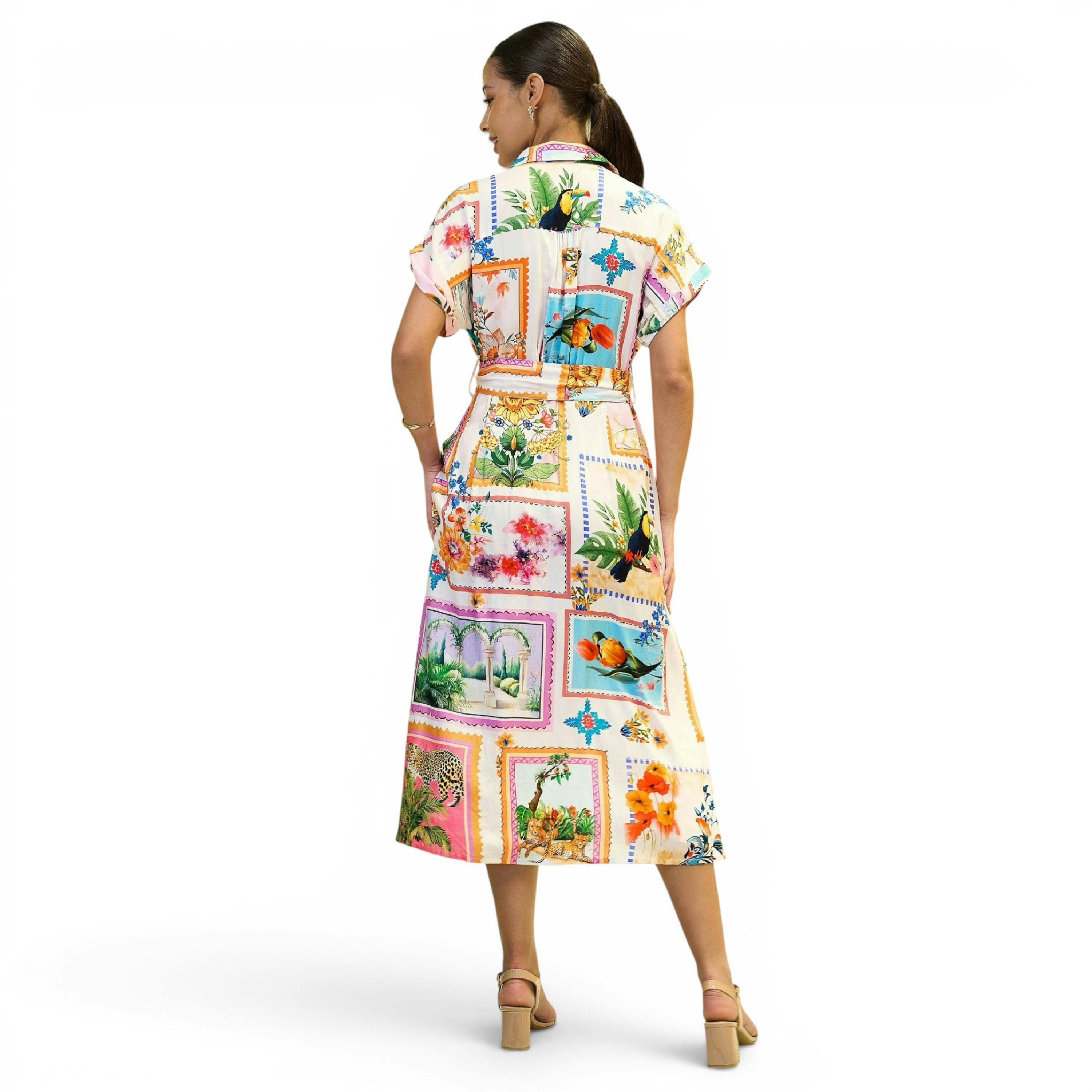 Yumi Ivory Tropical Postcard Print Relaxed Midi Shirt Dress , view 6 of 6