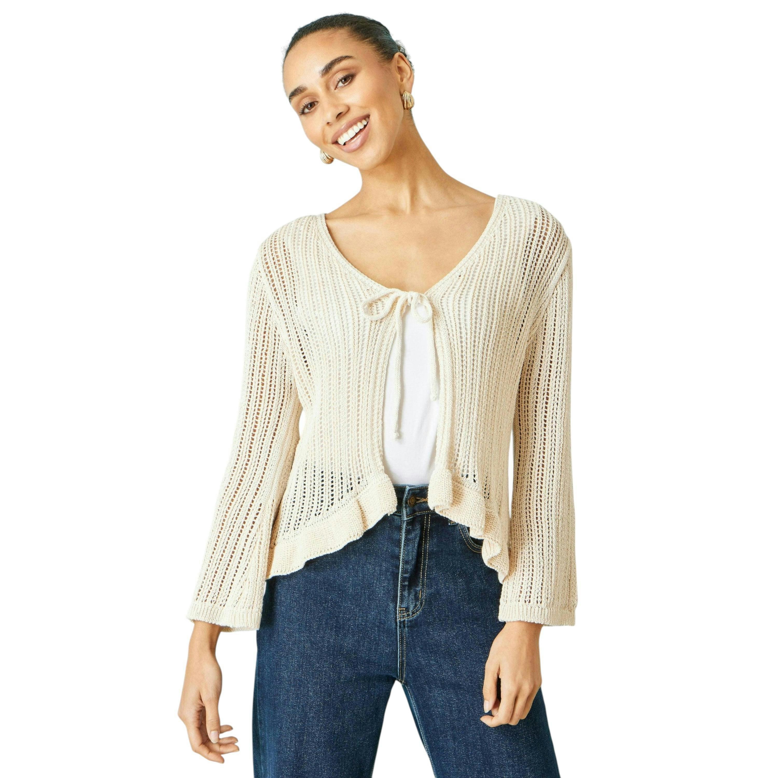 Yumi Beige Tie Front Pointelle Cardigan , view 1 of 6