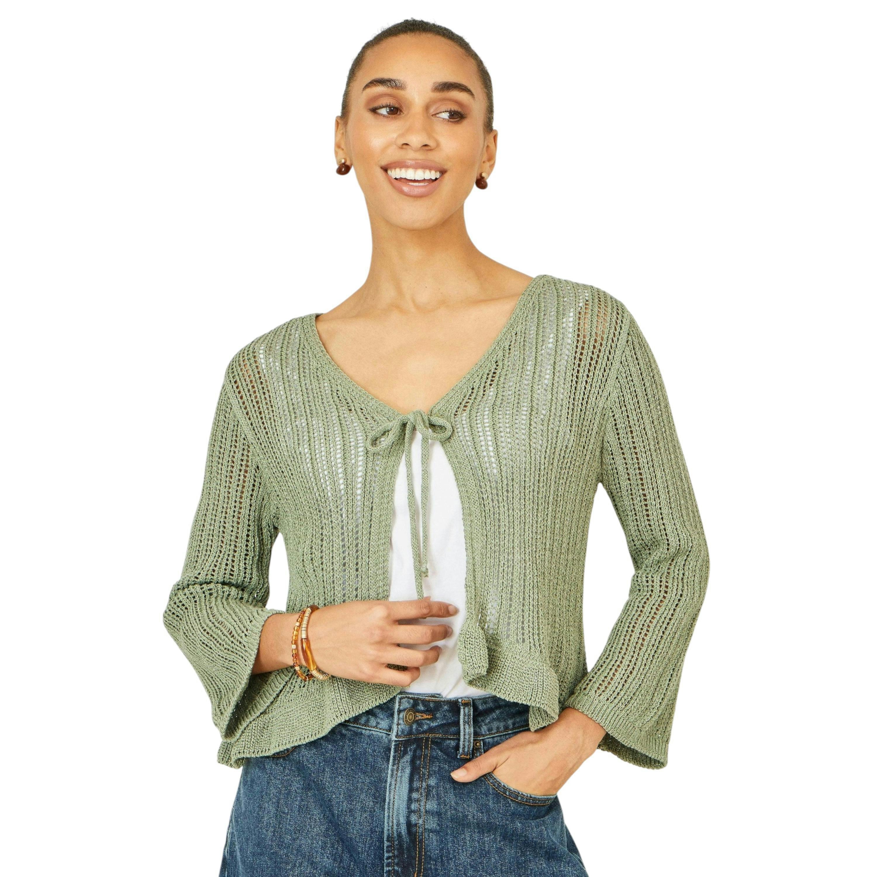 Yumi Green Tie Front Pointelle Cardigan , view 1 of 6