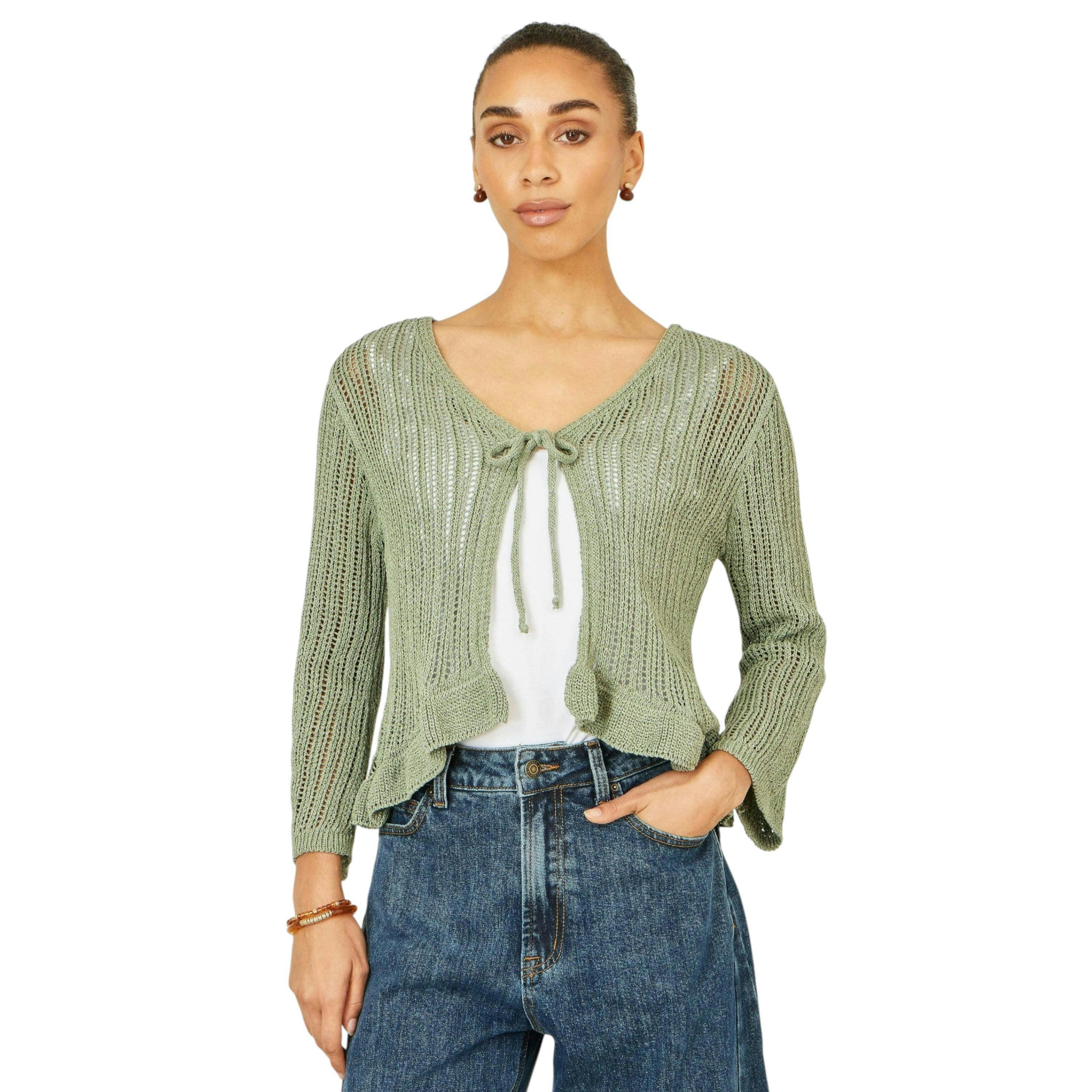 Yumi Green Tie Front Pointelle Cardigan , view 2 of 6
