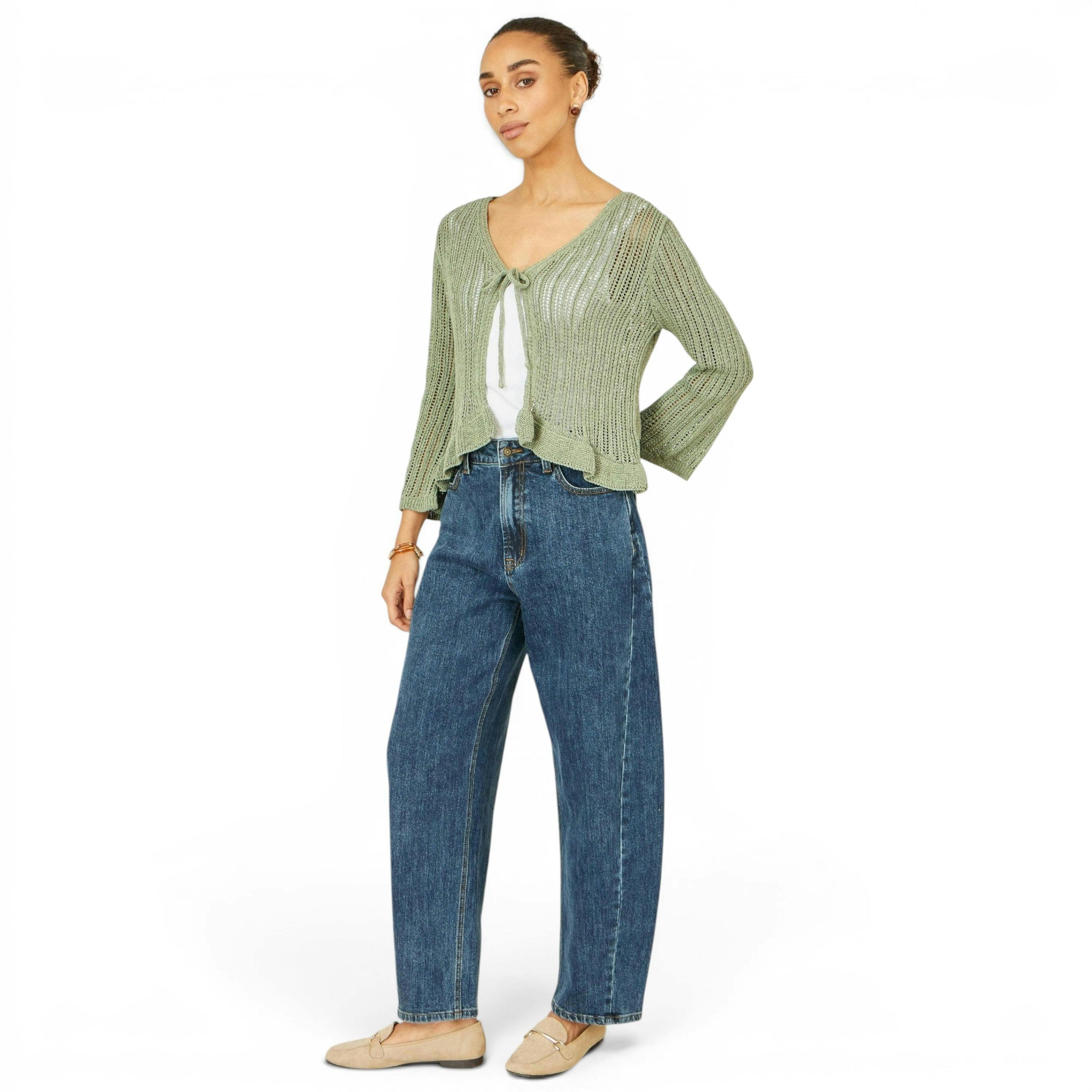 Yumi Green Tie Front Pointelle Cardigan , view 3 of 6