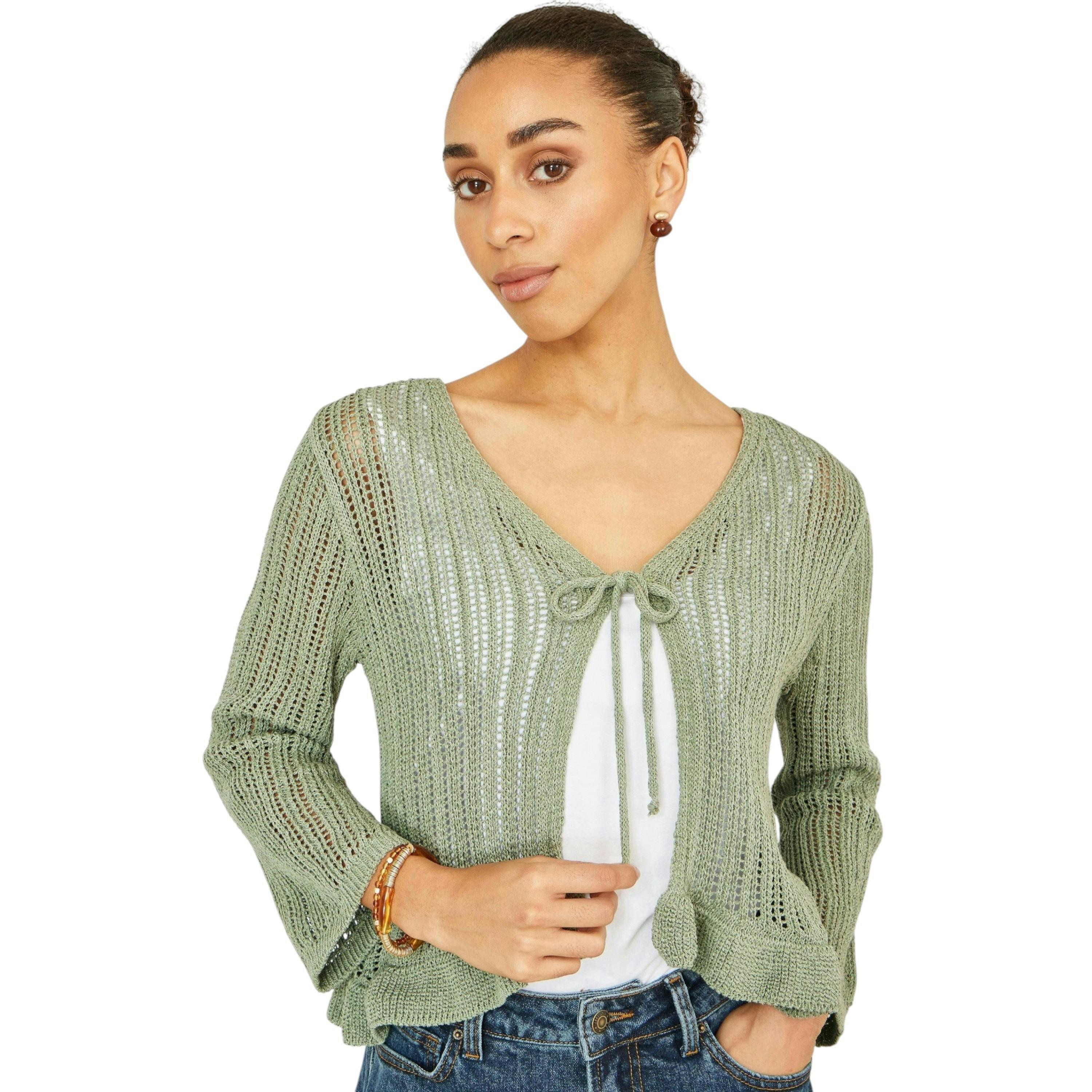 Yumi Green Tie Front Pointelle Cardigan , view 4 of 6