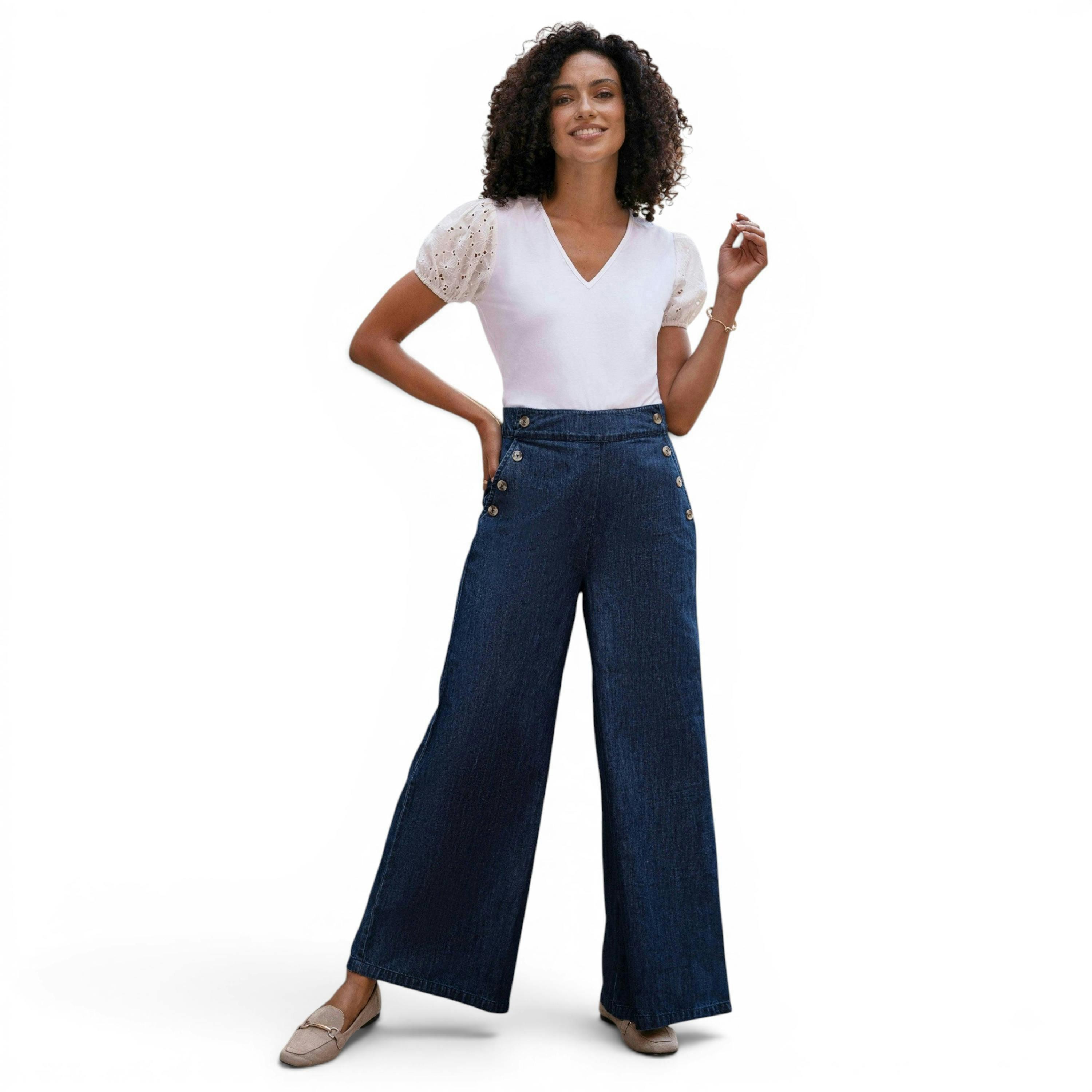 Yumi Blue Chambray Wide Leg Trousers With Button Details , view 1 of 6