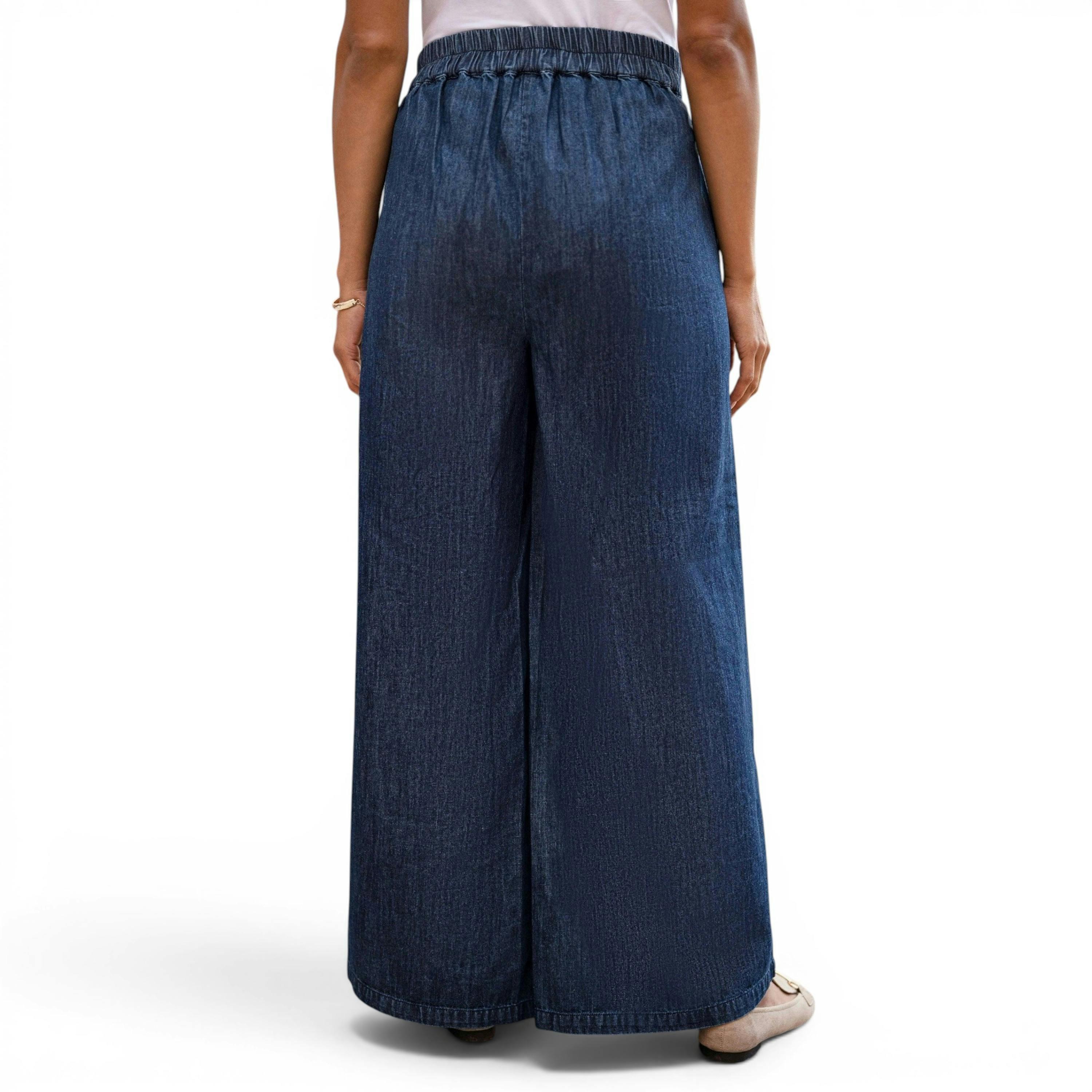Yumi Blue Chambray Wide Leg Trousers With Button Details , view 2 of 6