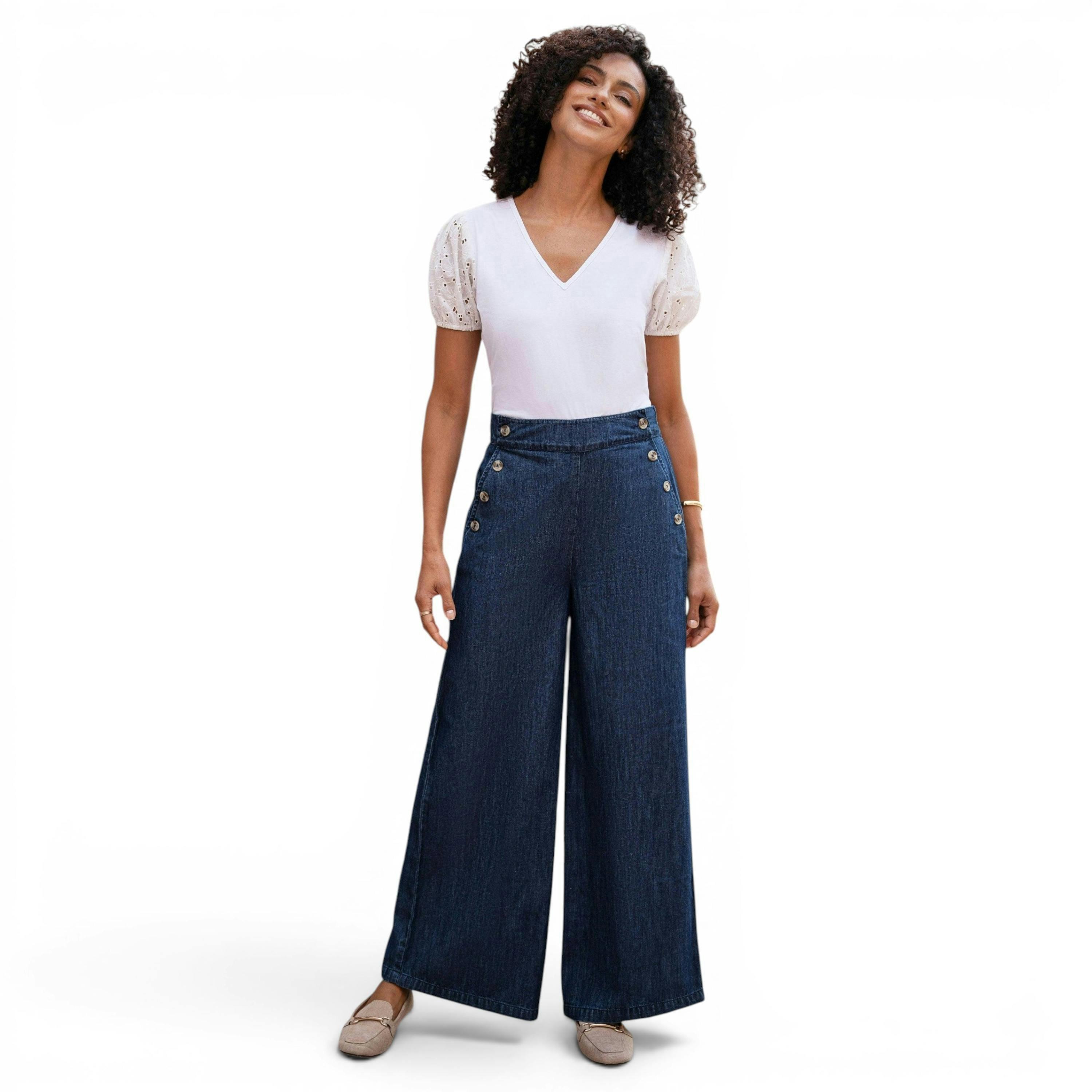 Yumi Blue Chambray Wide Leg Trousers With Button Details , view 3 of 6