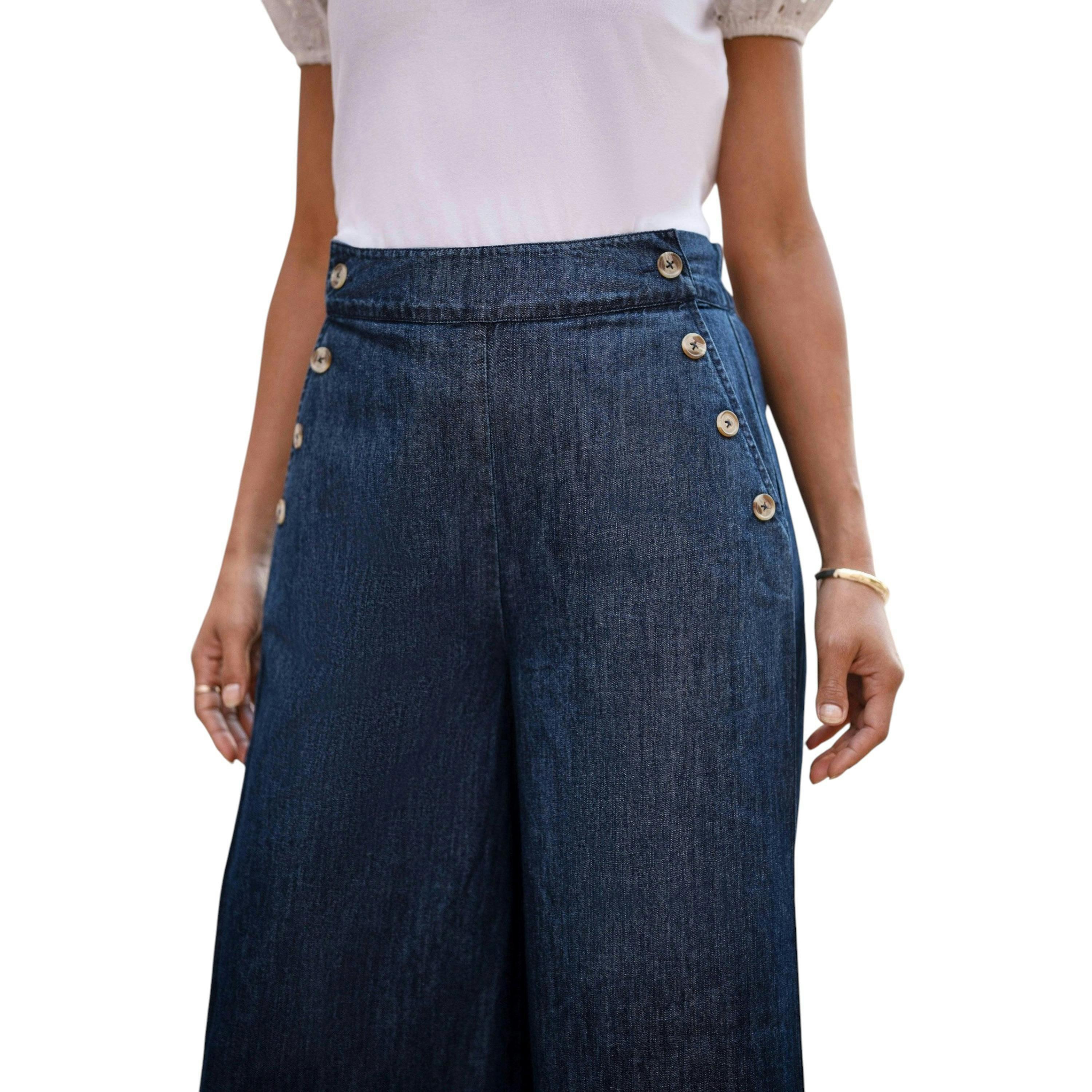 Yumi Blue Chambray Wide Leg Trousers With Button Details , view 4 of 6