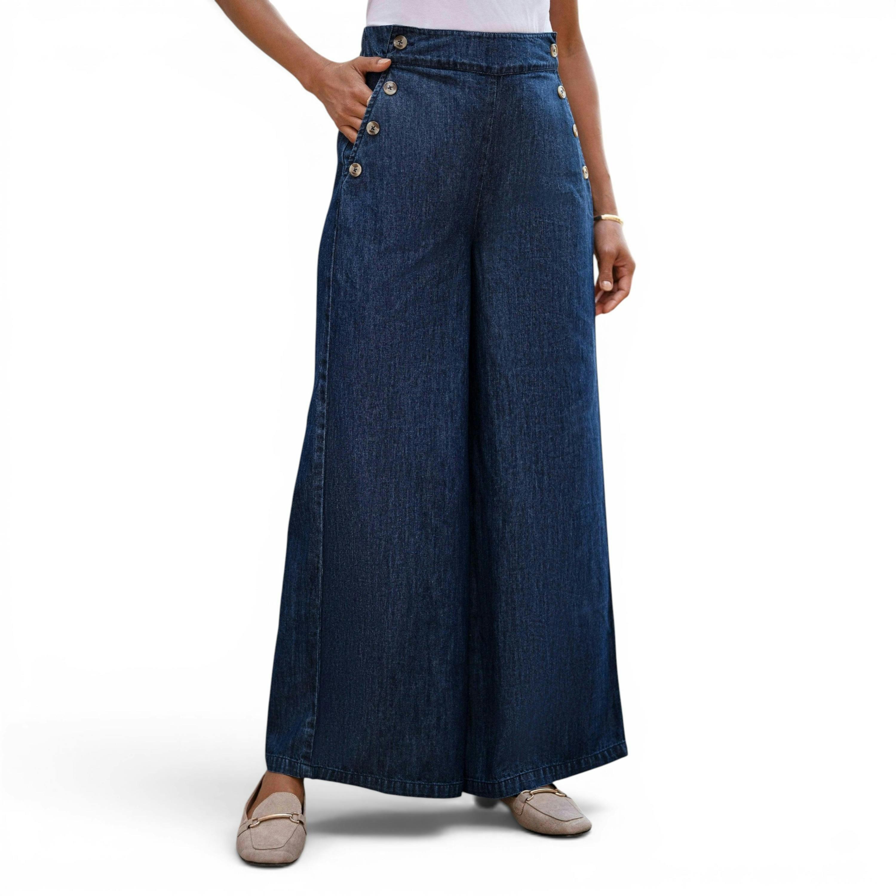 Yumi Blue Chambray Wide Leg Trousers With Button Details , view 5 of 6