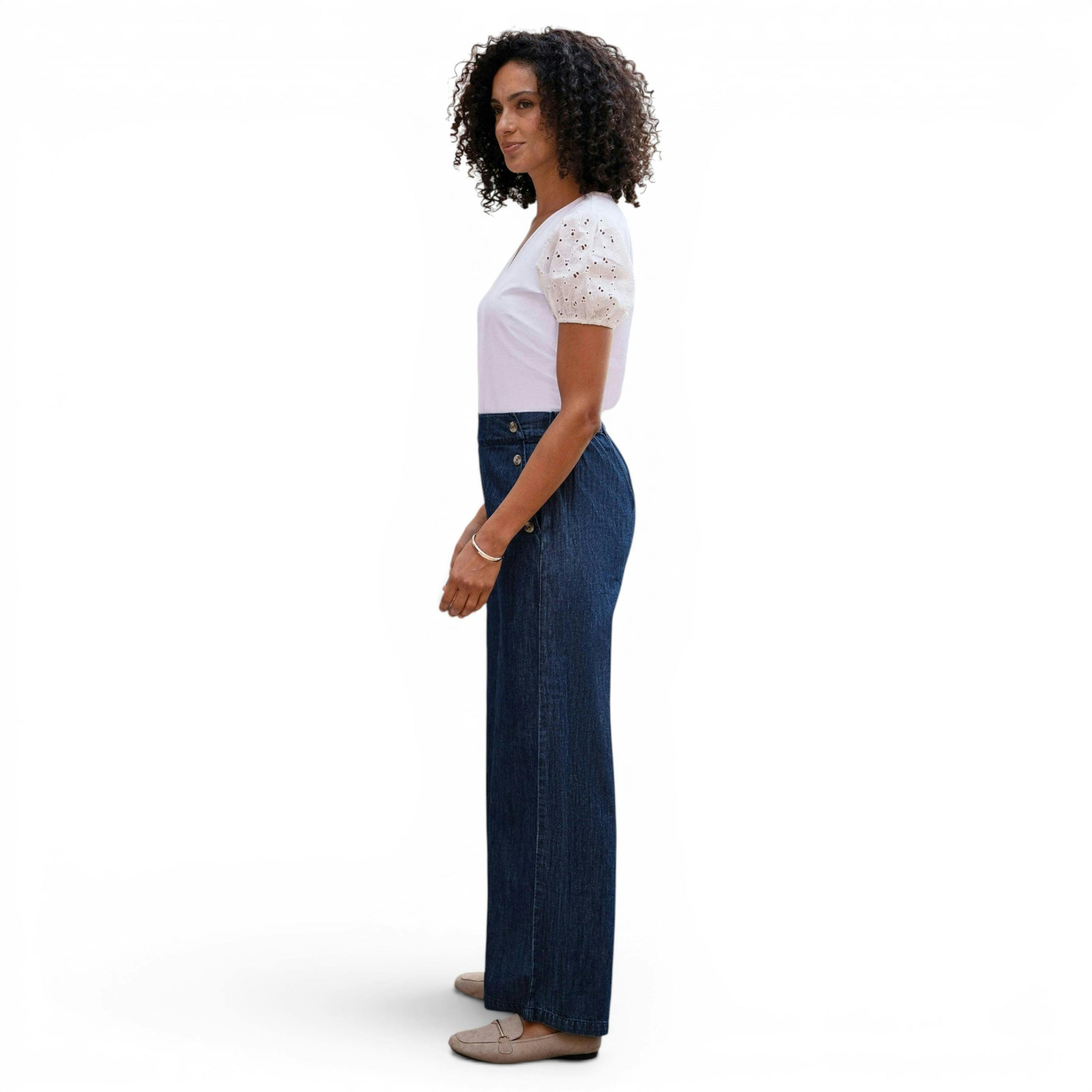 Yumi Blue Chambray Wide Leg Trousers With Button Details , view 6 of 6