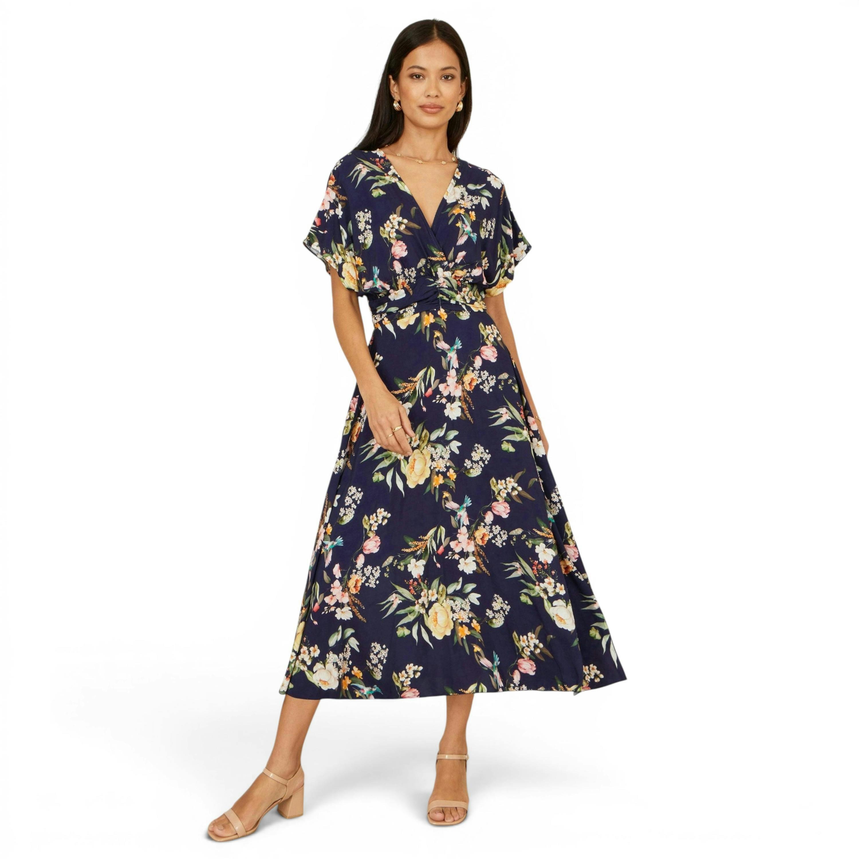 Yumi Navy Viscose Floral Print Midi Dress With Ruched Waist , view 1 of 6