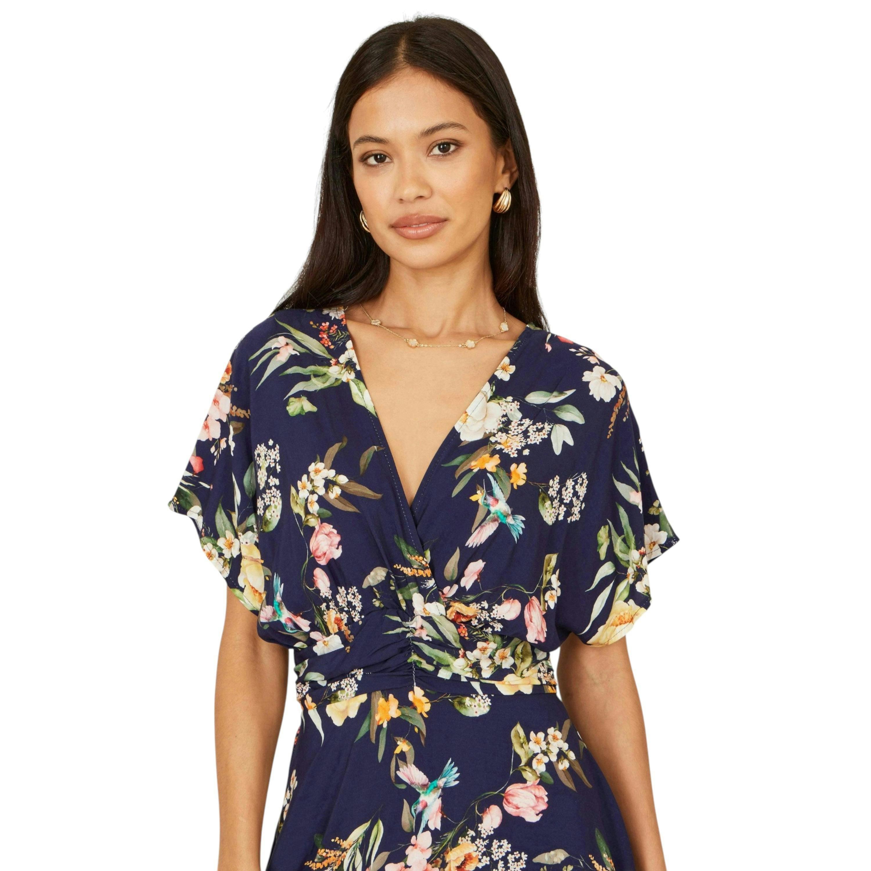 Yumi Navy Viscose Floral Print Midi Dress With Ruched Waist , view 2 of 6