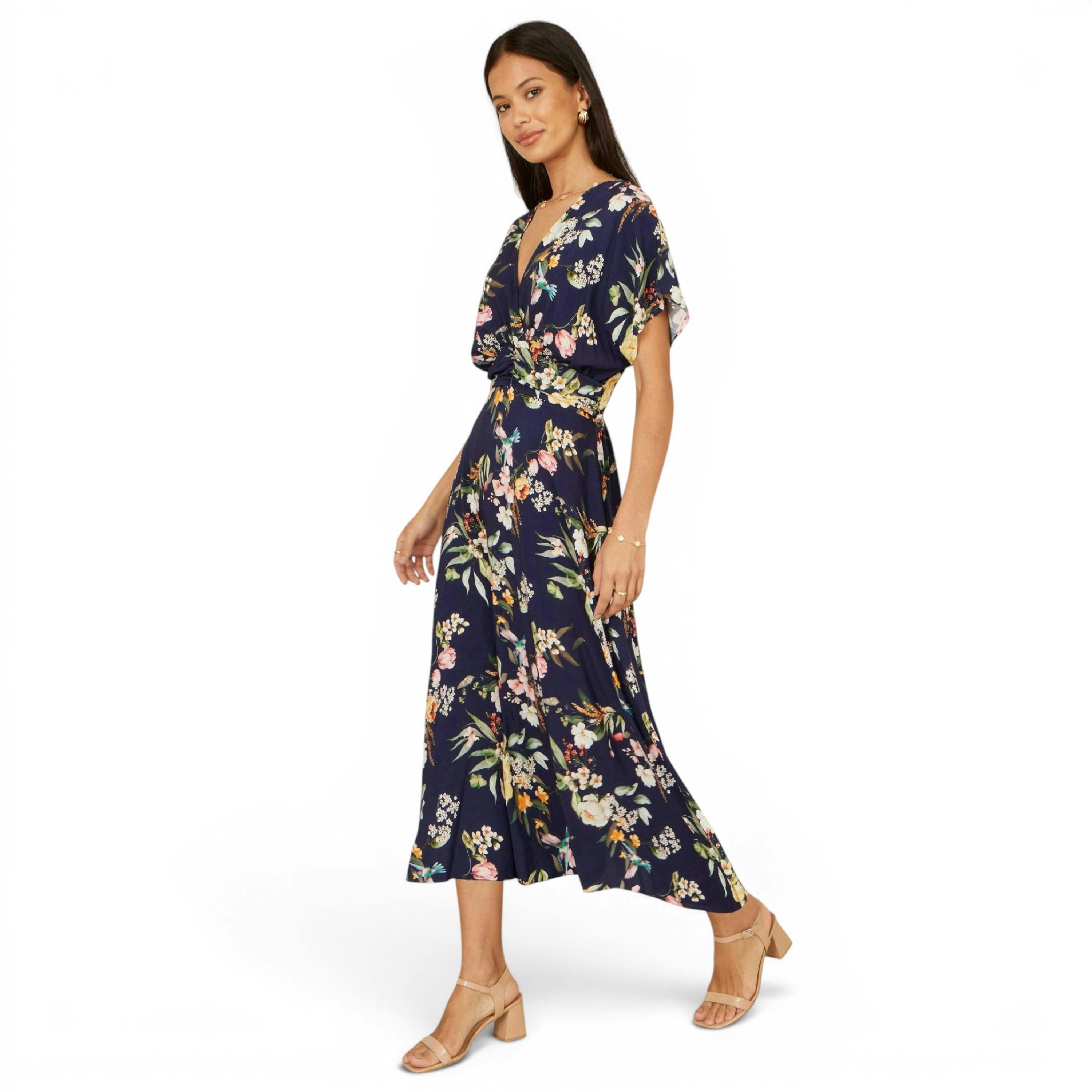 Yumi Navy Viscose Floral Print Midi Dress With Ruched Waist , view 3 of 6