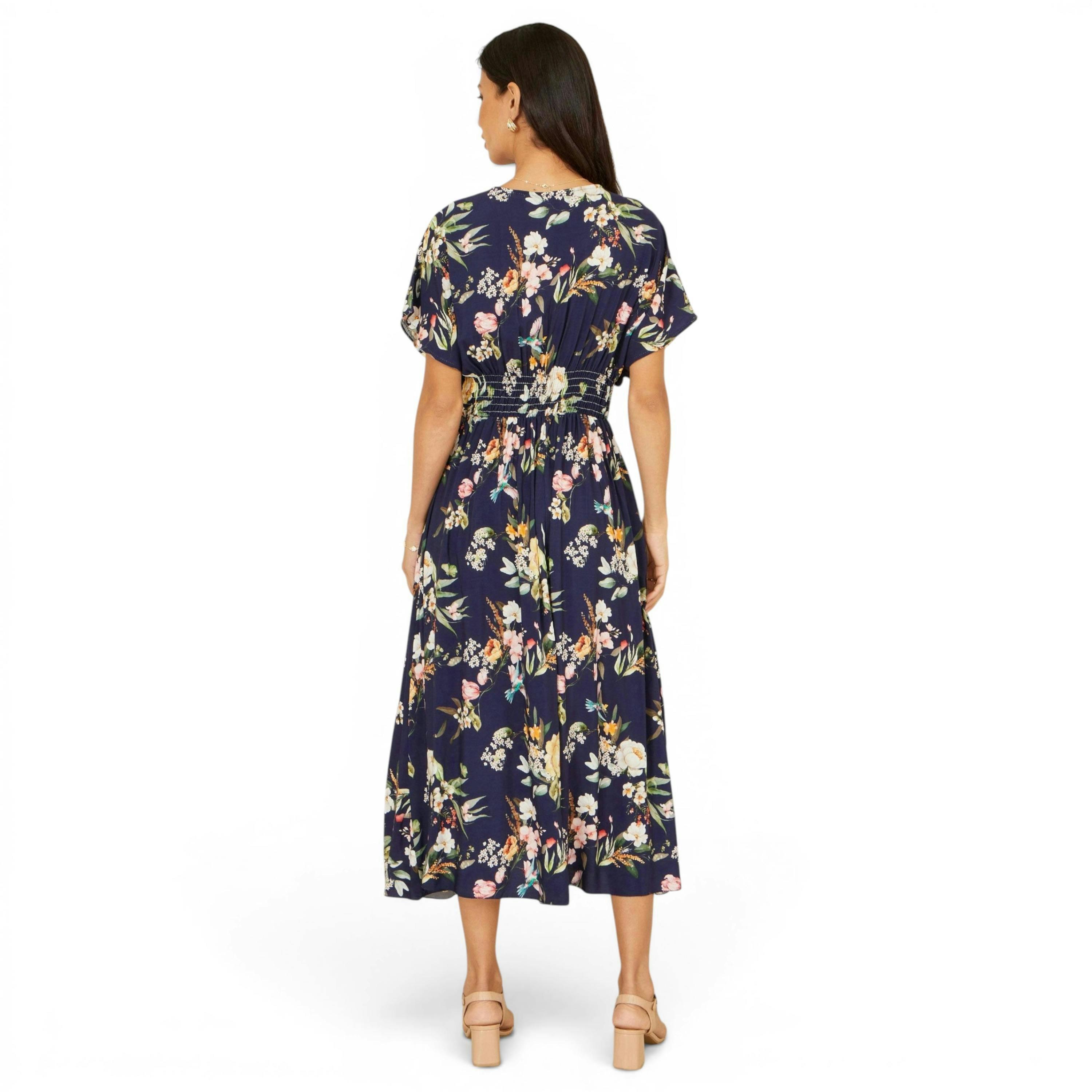 Yumi Navy Viscose Floral Print Midi Dress With Ruched Waist , view 4 of 6