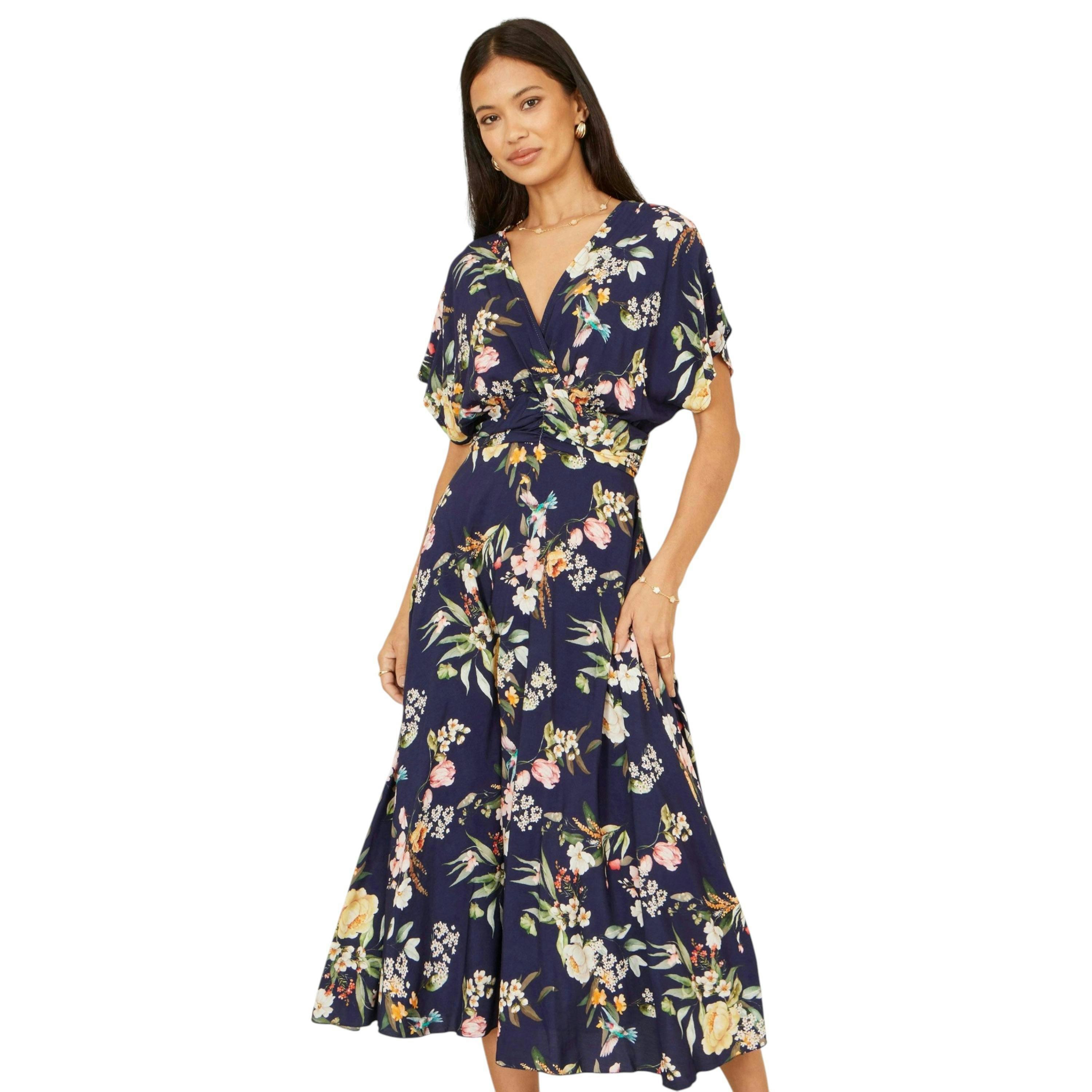 Yumi Navy Viscose Floral Print Midi Dress With Ruched Waist , view 5 of 6