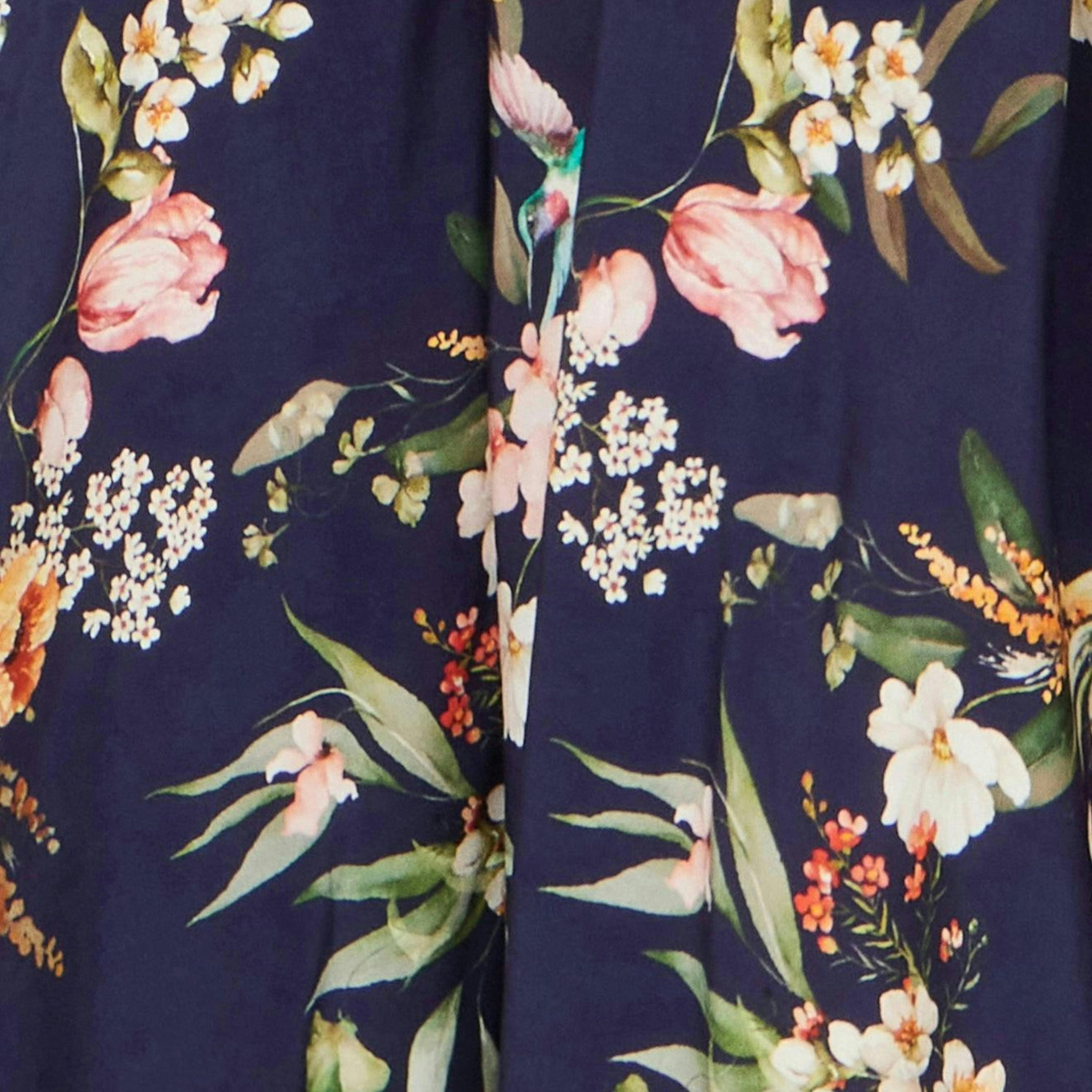 Yumi Navy Viscose Floral Print Midi Dress With Ruched Waist , view 6 of 6