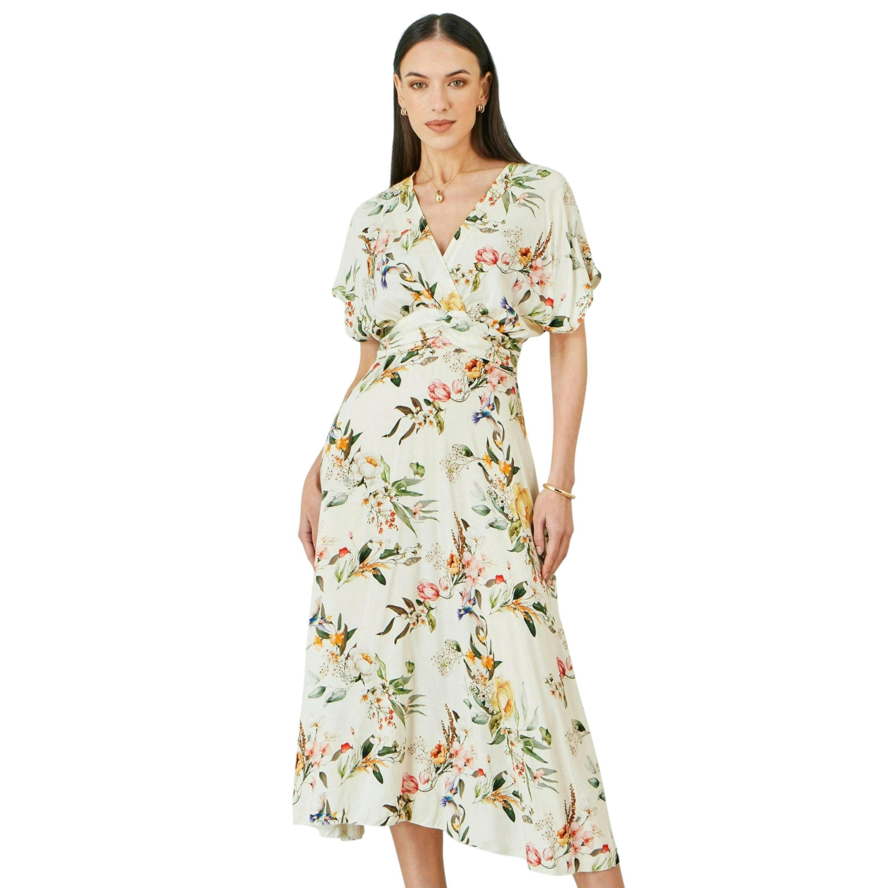 Yumi Ivory Viscose Floral Print Midi Dress With Ruched Waist , view 1 of 6