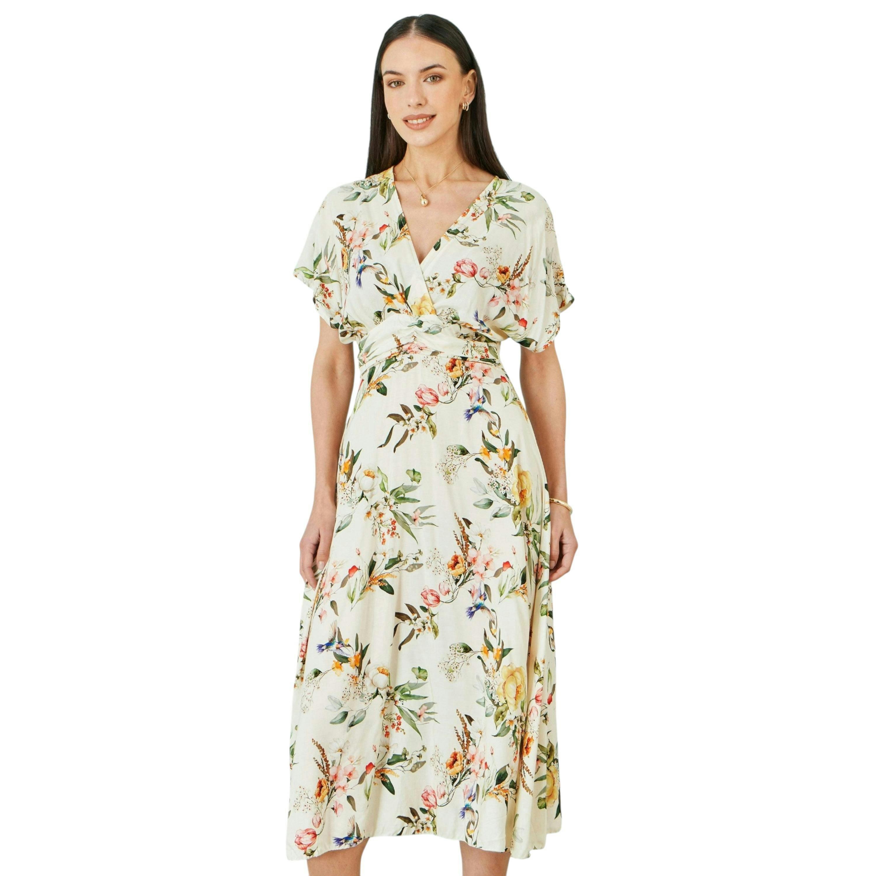 Yumi Ivory Viscose Floral Print Midi Dress With Ruched Waist , view 2 of 6