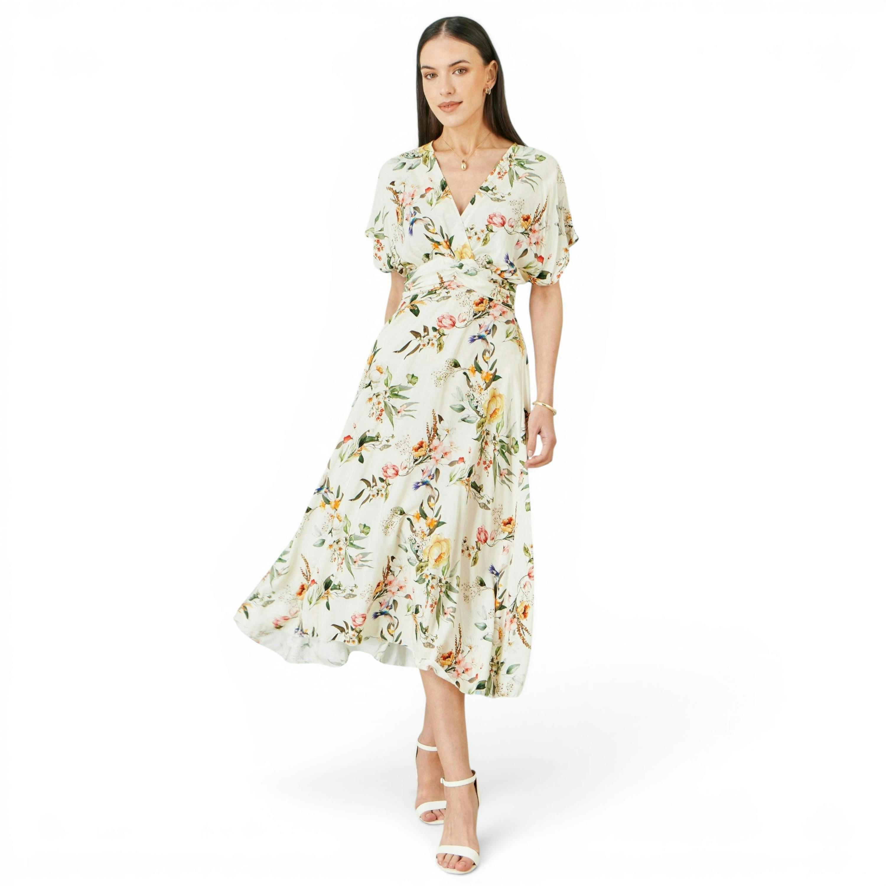 Yumi Ivory Viscose Floral Print Midi Dress With Ruched Waist , view 3 of 6