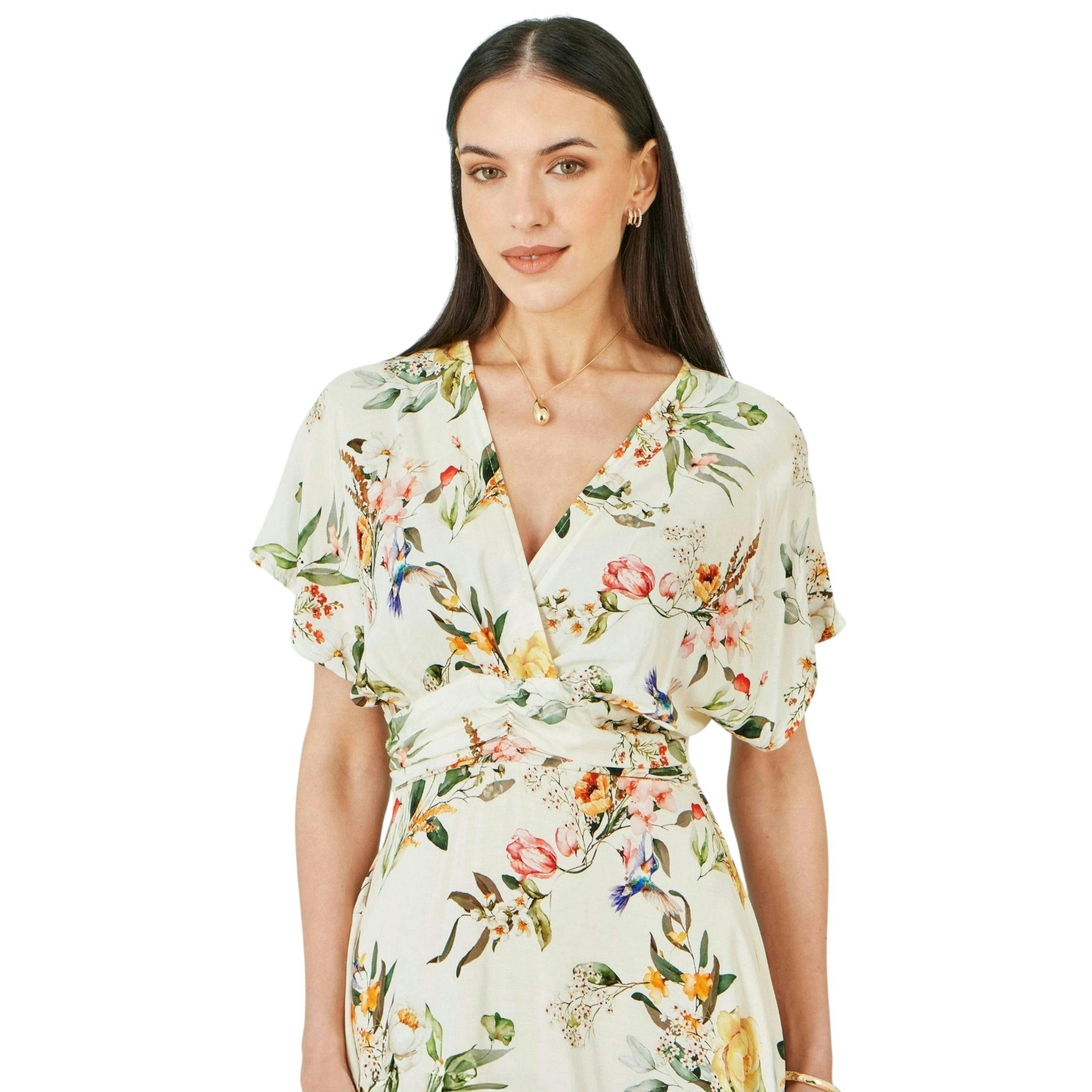 Yumi Ivory Viscose Floral Print Midi Dress With Ruched Waist , view 4 of 6