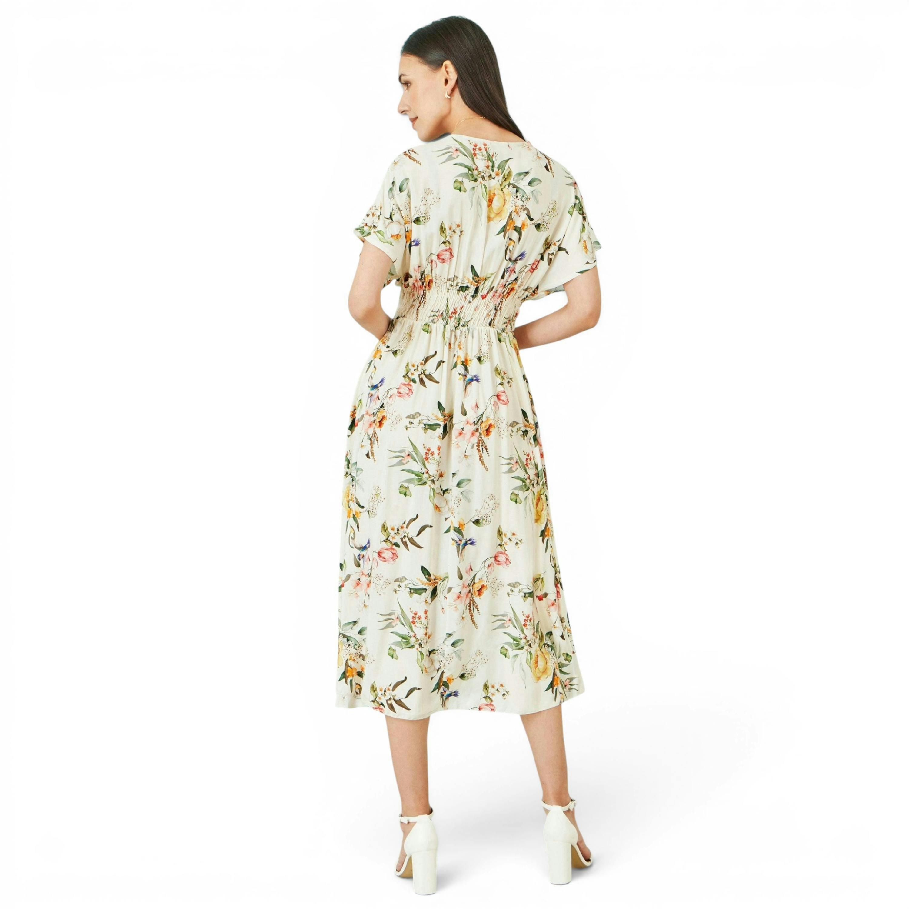 Yumi Ivory Viscose Floral Print Midi Dress With Ruched Waist , view 5 of 6
