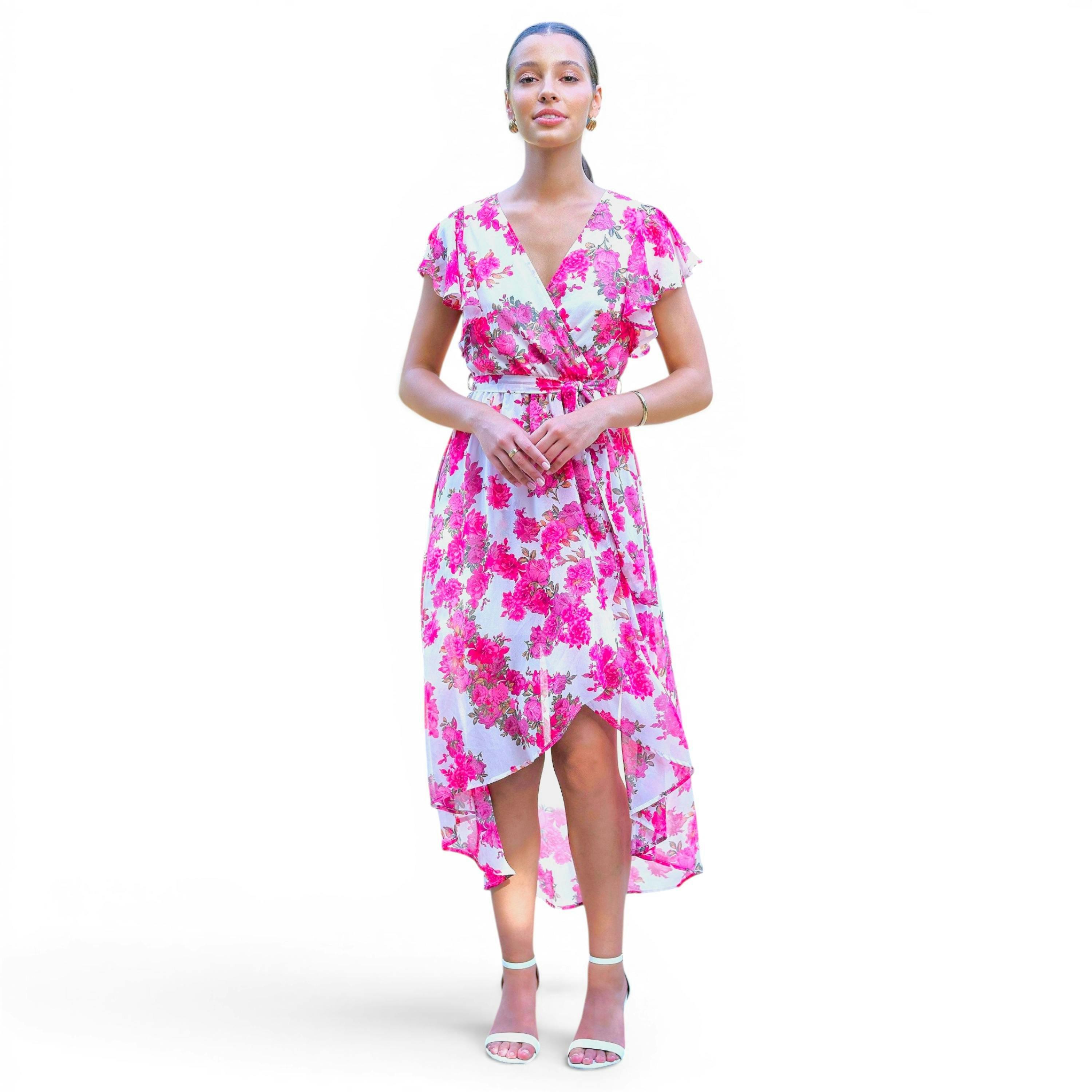 Yumi Ivory Floral Wrap Dress With Dipped Hem , view 1 of 6