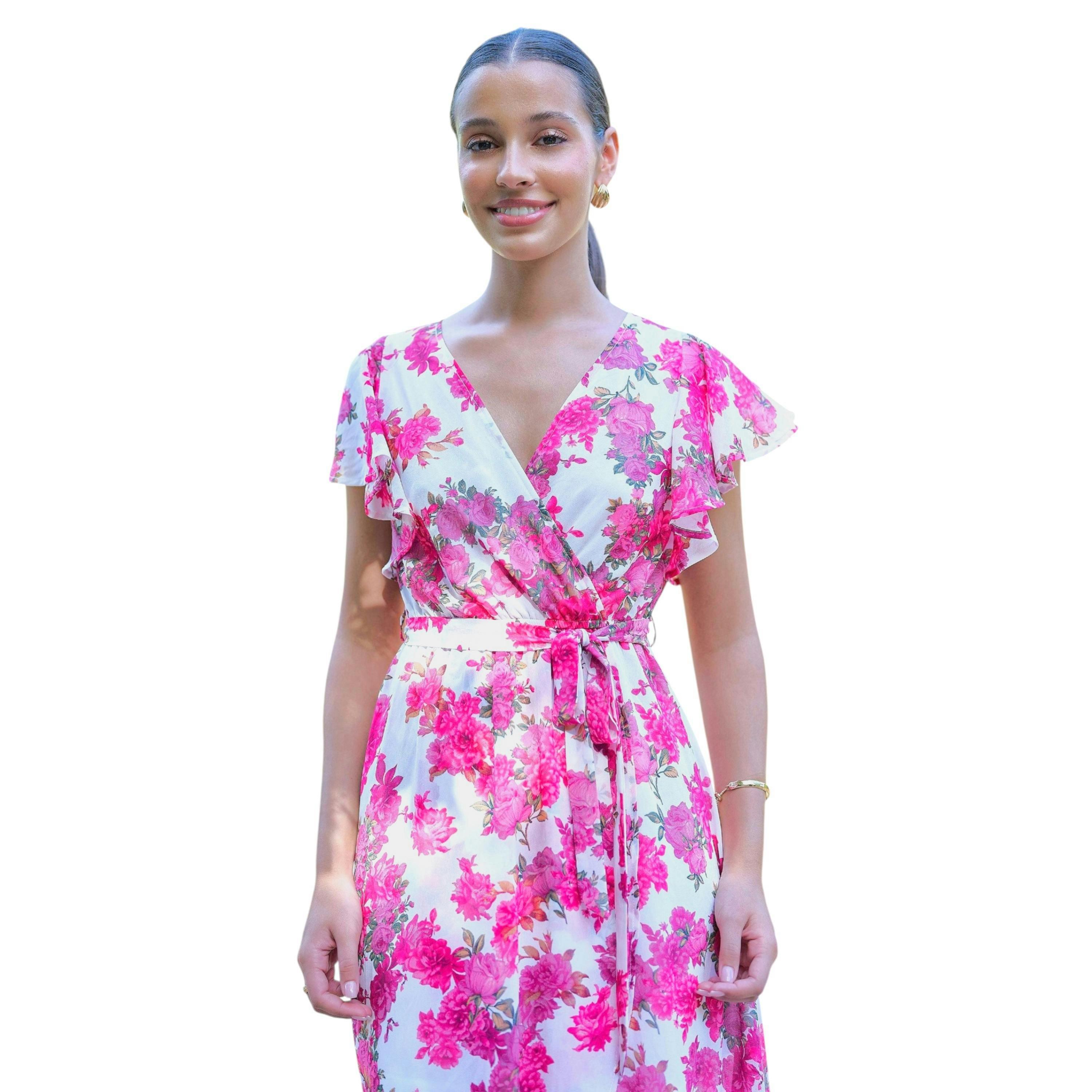 Yumi Ivory Floral Wrap Dress With Dipped Hem , view 2 of 6