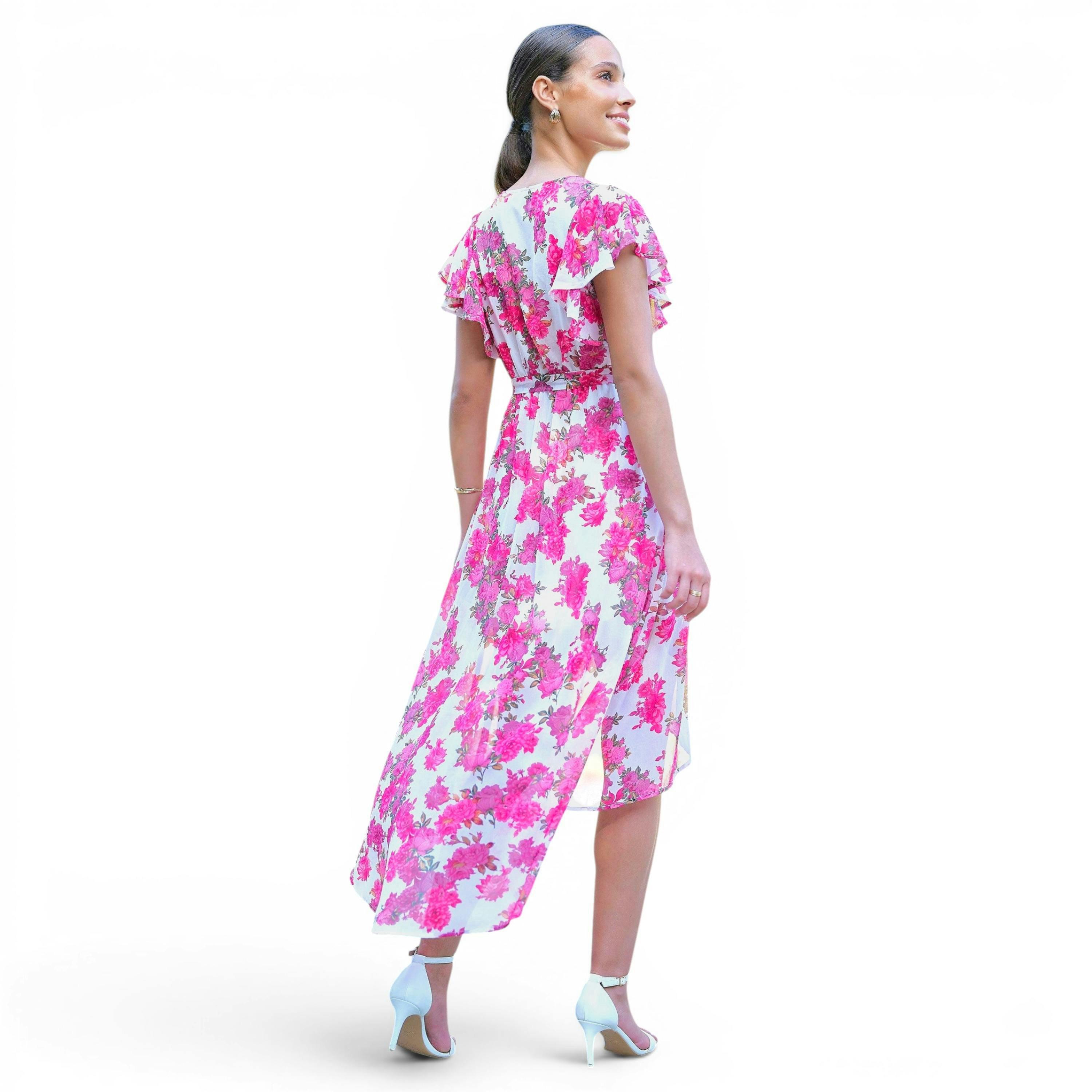 Yumi Ivory Floral Wrap Dress With Dipped Hem , view 3 of 6